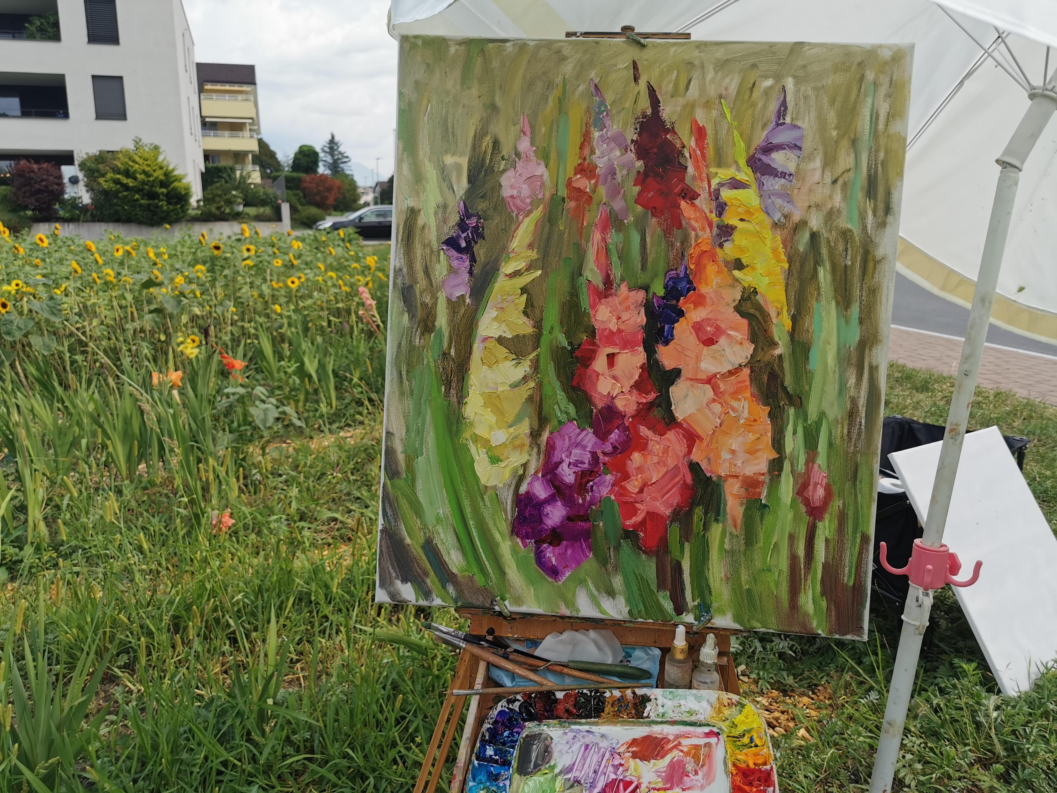 Gladiolos de colores. Vertical, paisaje, óleo, floral, postimpresionismo, flores en venta 6