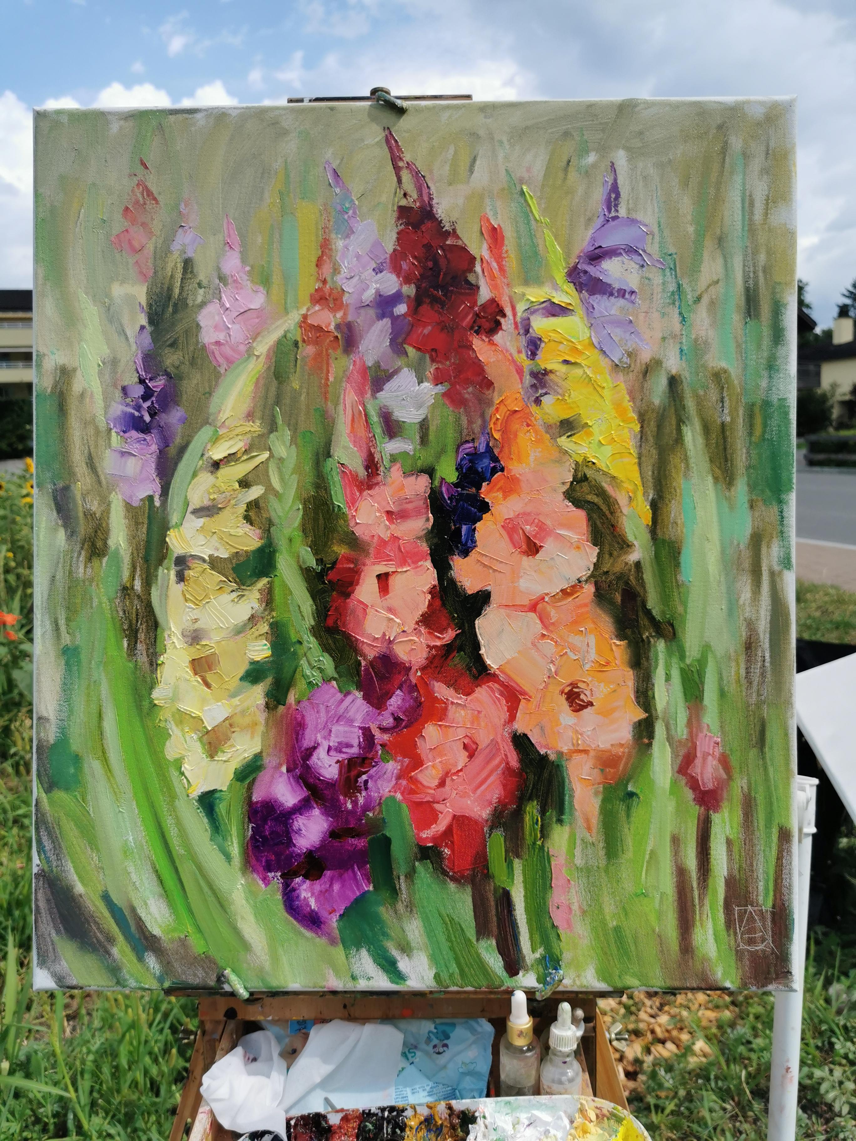 Gladiolos de colores. Vertical, paisaje, óleo, floral, postimpresionismo, flores en venta 8