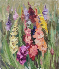 Gladiolos de colores. Vertical, paisaje, óleo, floral, postimpresionismo, flores