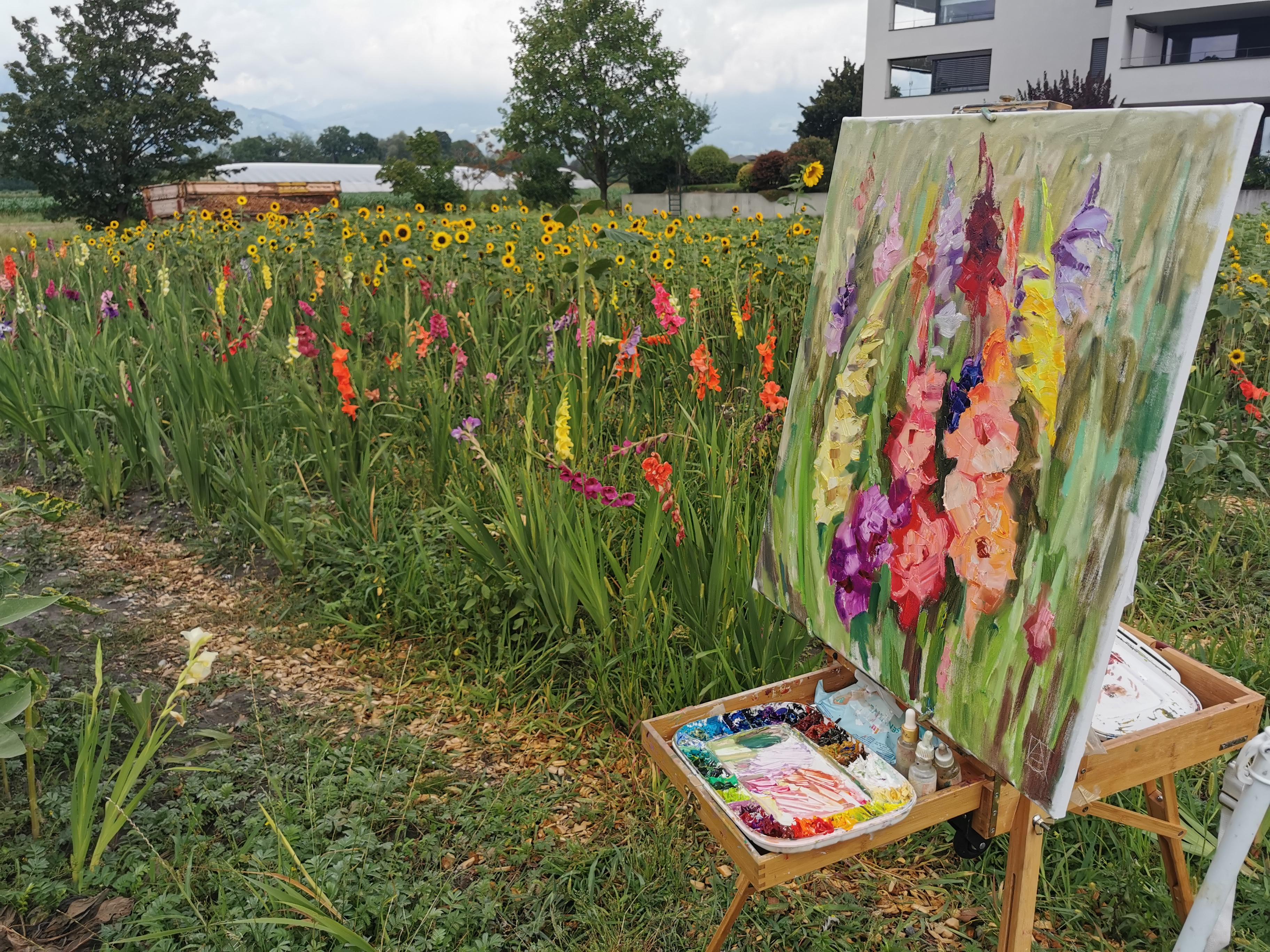 Colorful Gladioli. Vertical, landscape, oil, impressionism, flowers For Sale 7