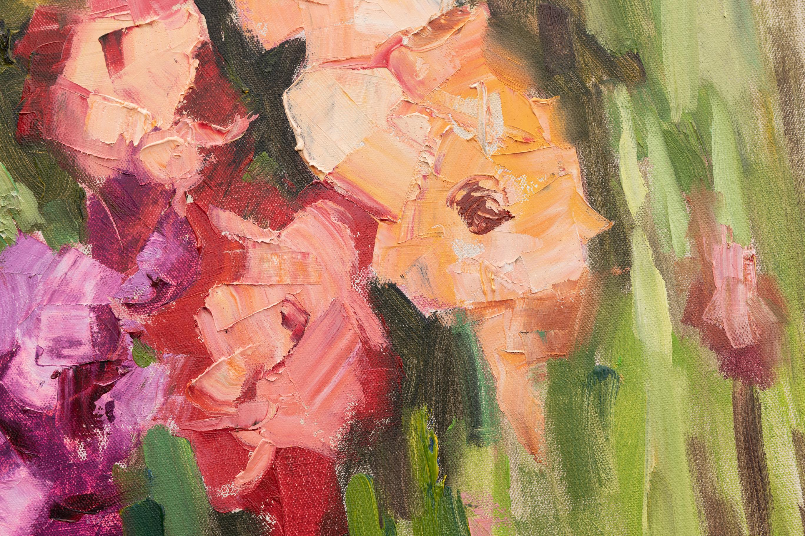 The painting was painted outdoors in a field in Liechtenstein in 2023 in the style of Modern Impressionism. The bright colors of the gladioli give the viewer joy and a summer mood. This painting is perfect for a classic or modern interior. The