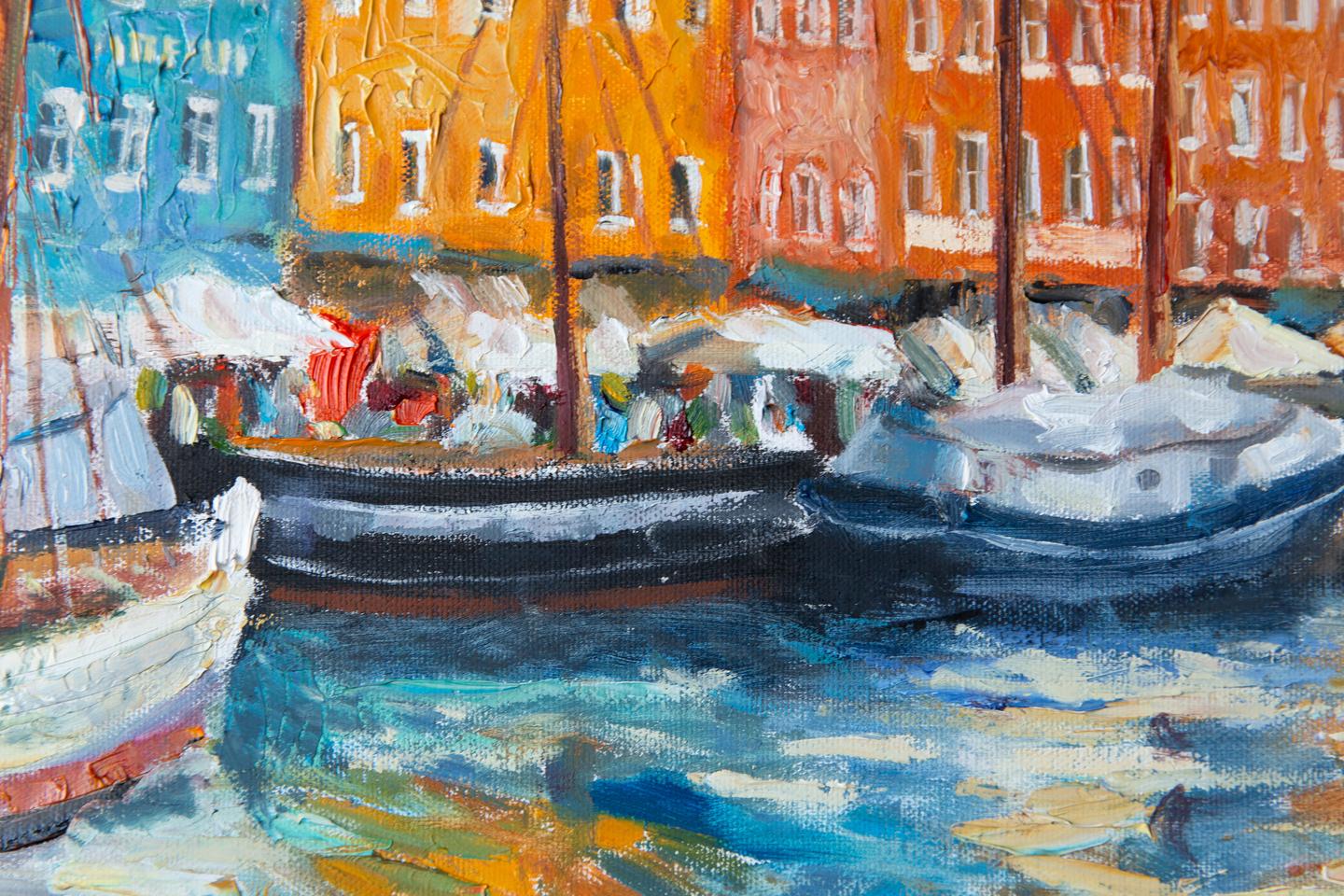 Kopenhagen. Horizontal, Landschaft, Impressionismus, Öl, Fluss, Stadt, Häuser im Angebot 5