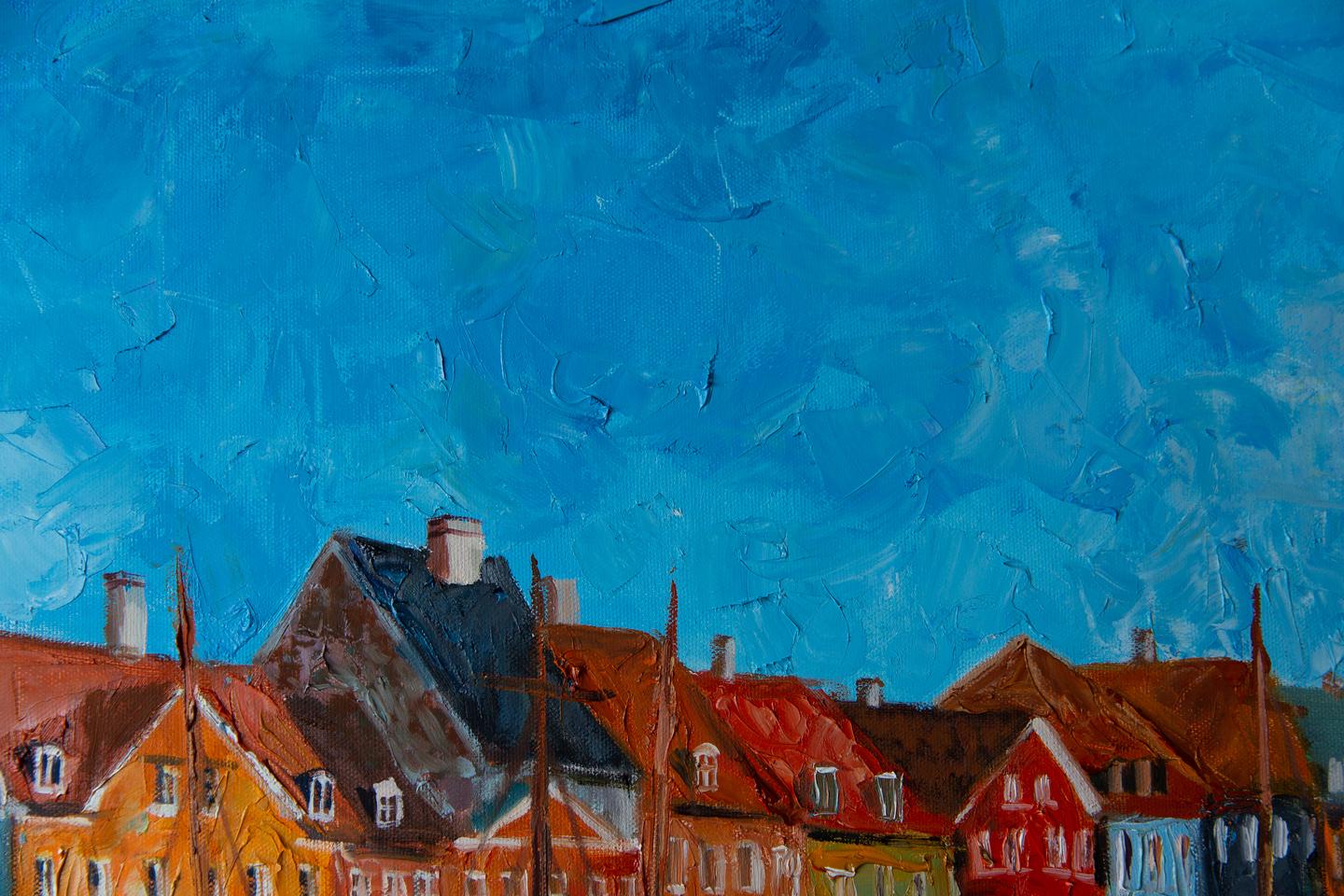 Kopenhagen. Horizontal, Landschaft, Impressionismus, Öl, Fluss, Stadt, Häuser im Angebot 6