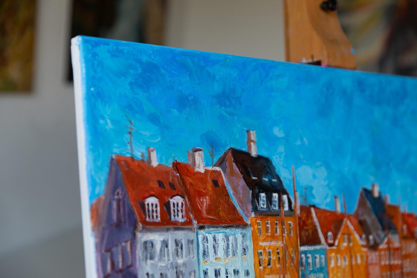 Kopenhagen. Horizontal, Landschaft, Impressionismus, Öl, Fluss, Stadt, Häuser – Painting von Anna Shesterikova