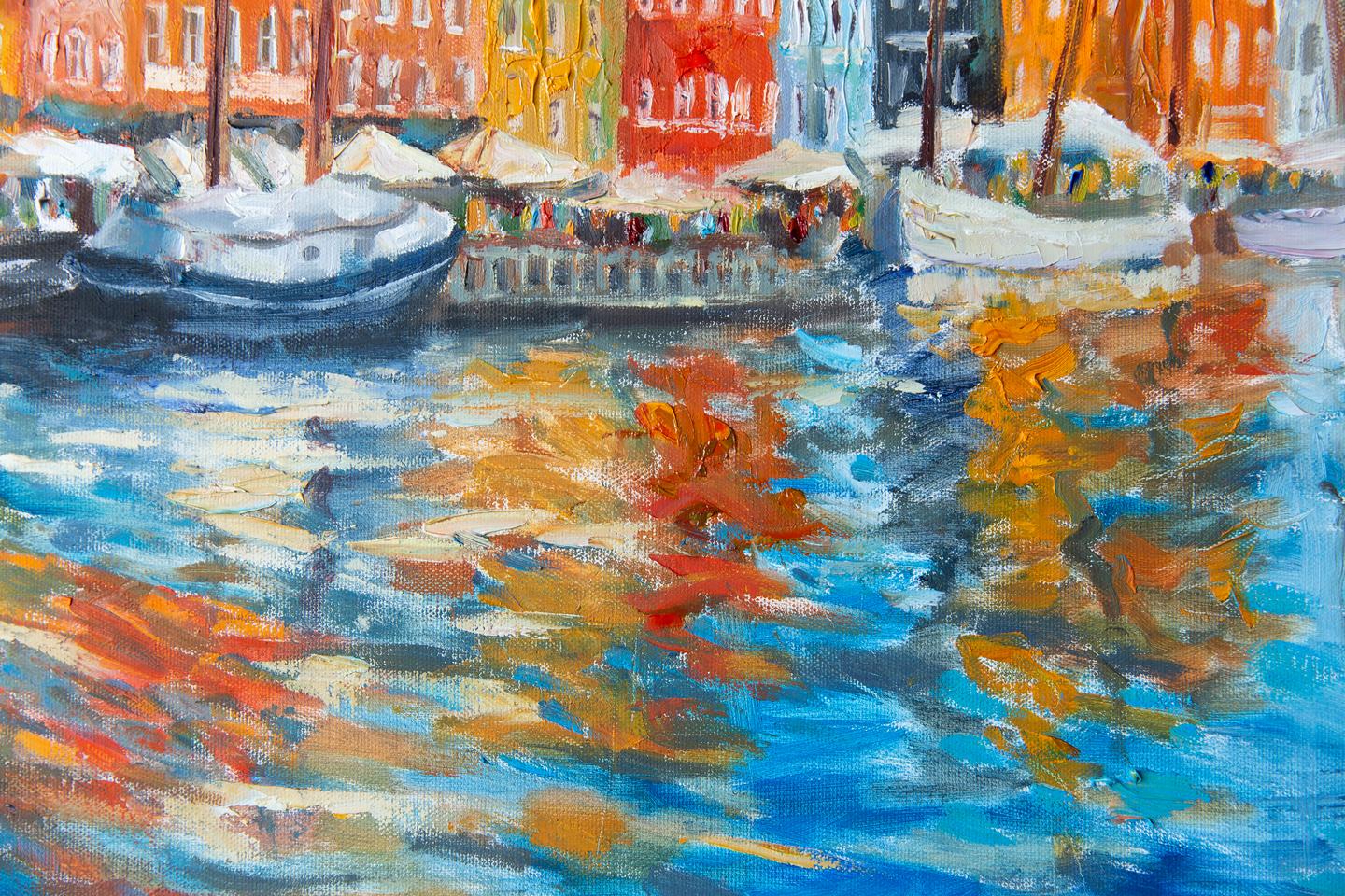 Kopenhagen. Horizontal, Landschaft, Impressionismus, Öl, Fluss, Stadt, Häuser im Angebot 1
