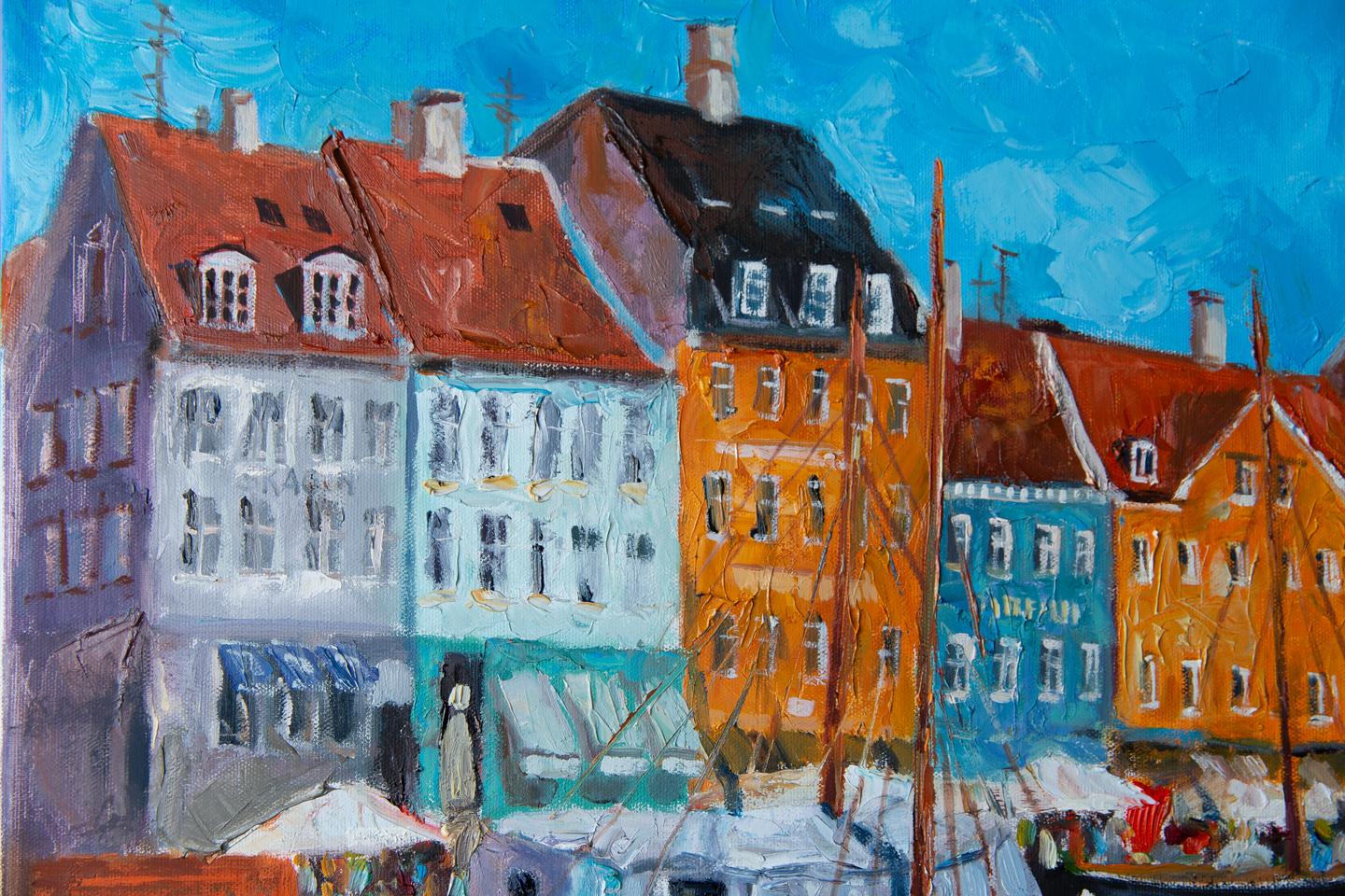 Kopenhagen. Horizontal, Landschaft, Impressionismus, Öl, Fluss, Stadt, Häuser im Angebot 4