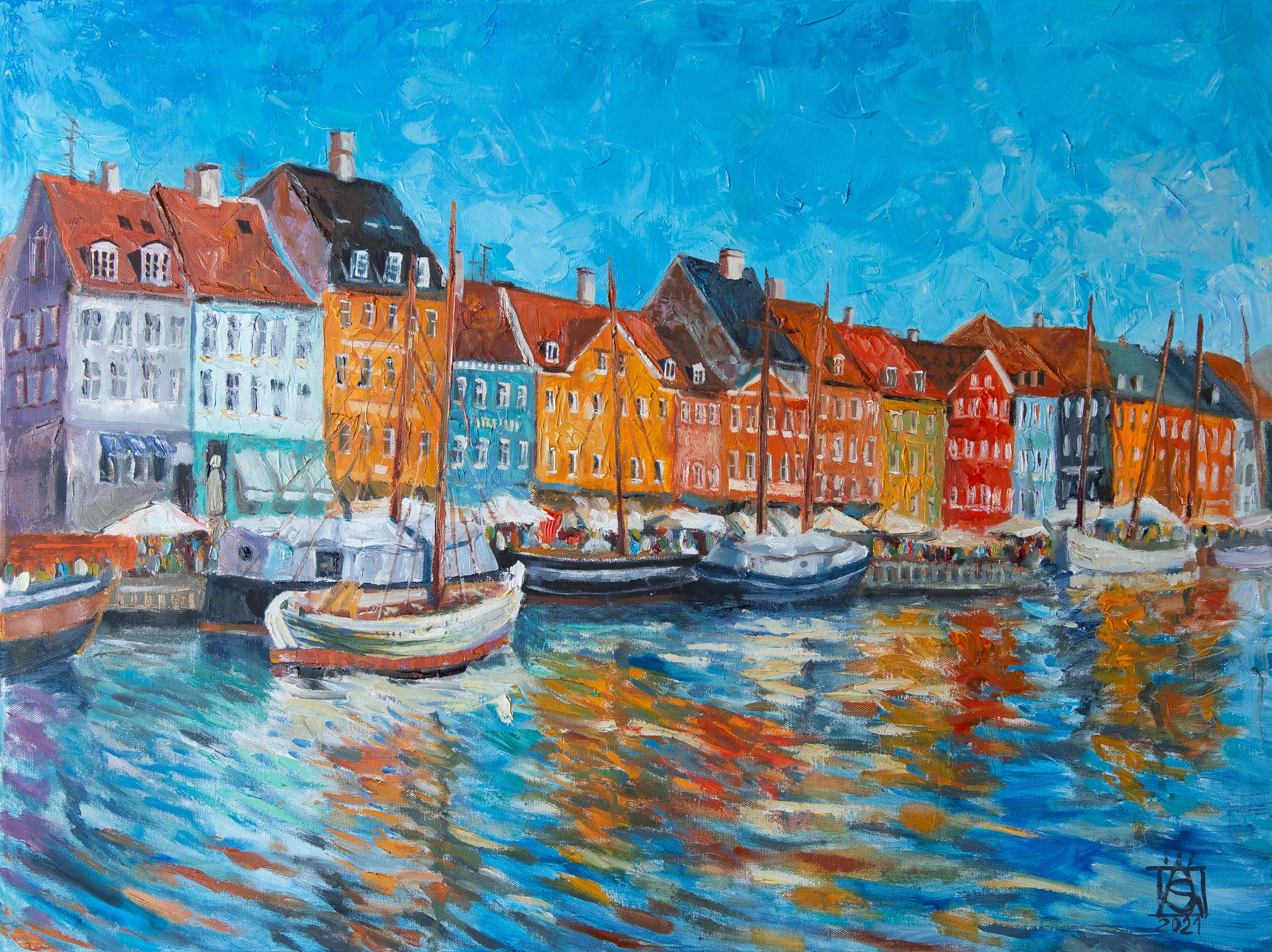 Copenhagen. Horizontal, Landscape Paintings, impressionism, oil, river, houses