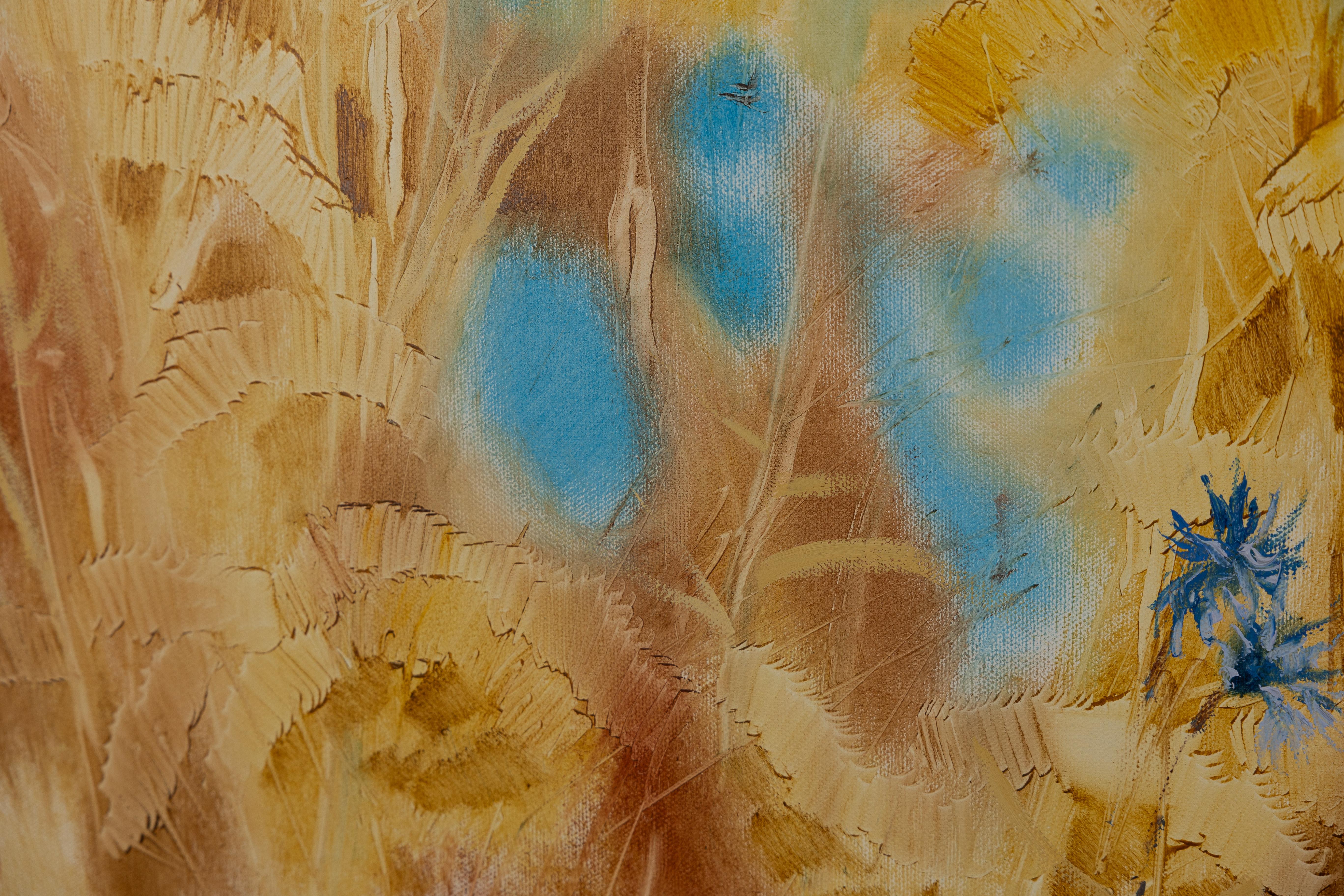 Fiore di mais. Orizzontale, acrilico, per interni, oro, blu in vendita 5