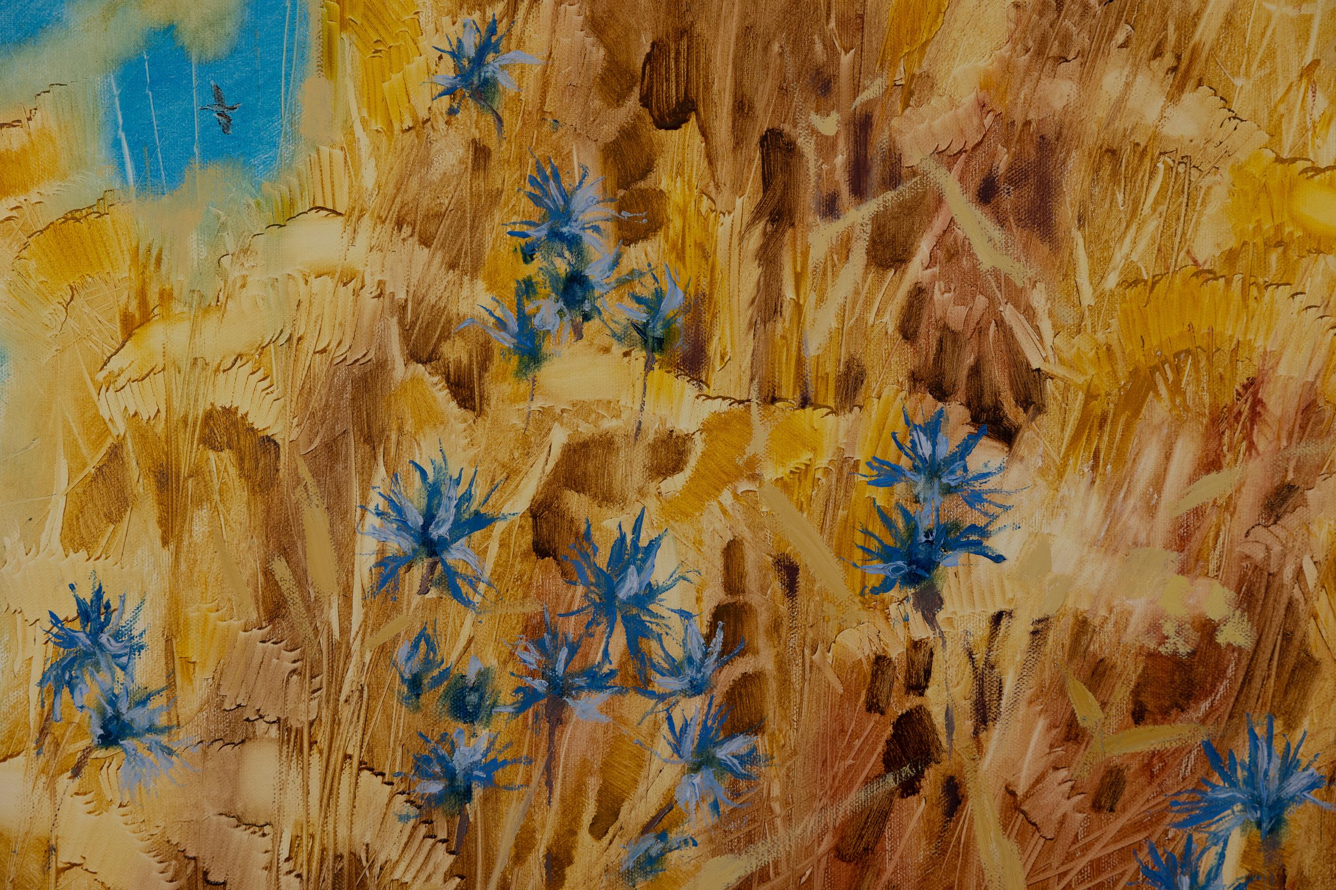 Fiore di mais. Orizzontale, acrilico, per interni, oro, blu in vendita 2