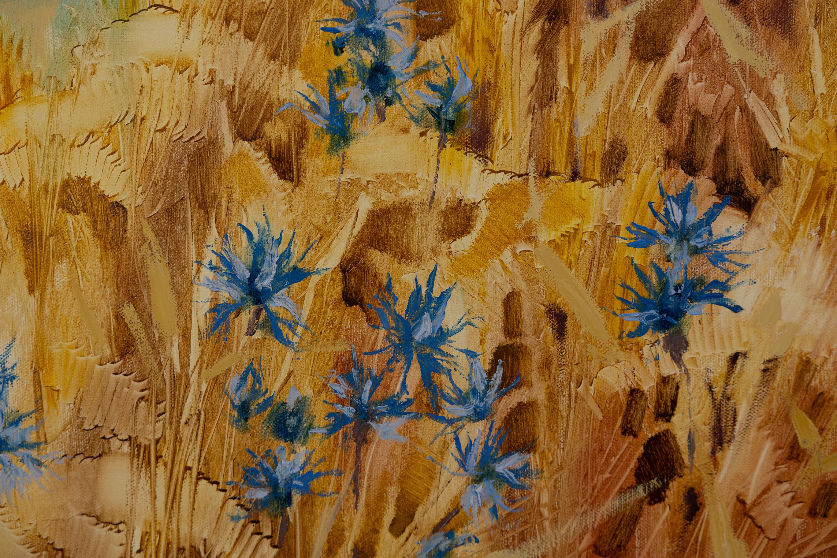 Fiore di mais. Orizzontale, acrilico, per interni, oro, blu in vendita 3