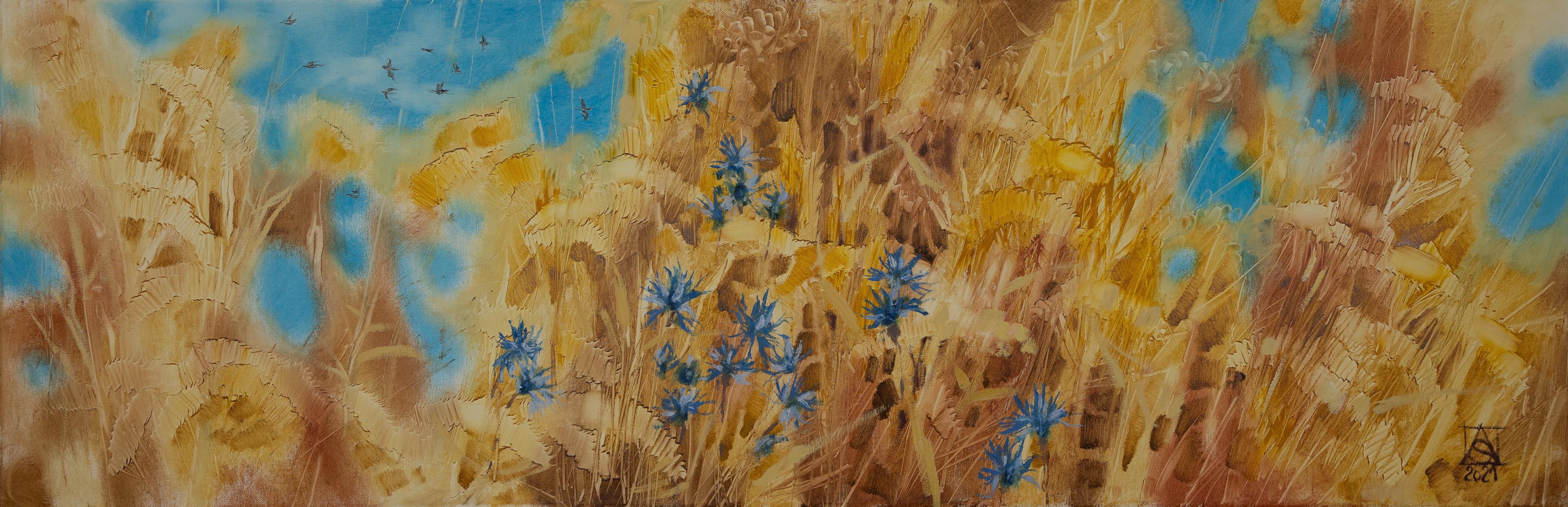 Landscape Painting di Anna Shesterikova - Fiore di mais. Orizzontale, acrilico, per interni, oro, blu