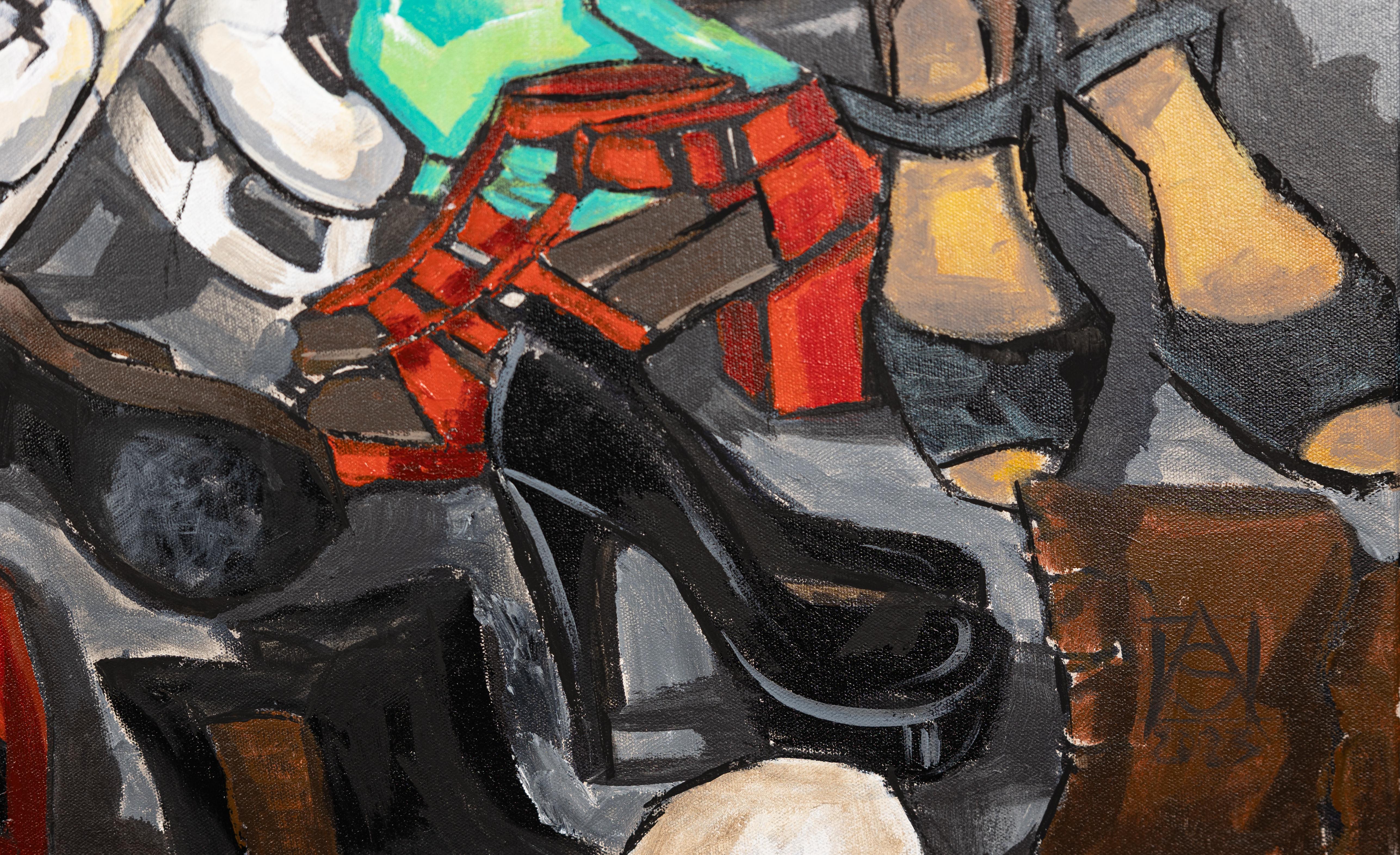 Il corso della vita. Pittura acrilica, grande formato, orizzontale, scarpe. - Still-Life Painting Nero di Anna Shesterikova