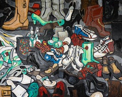 Used Course of Life. Acrylic painting, large format, horizontal, shoes.