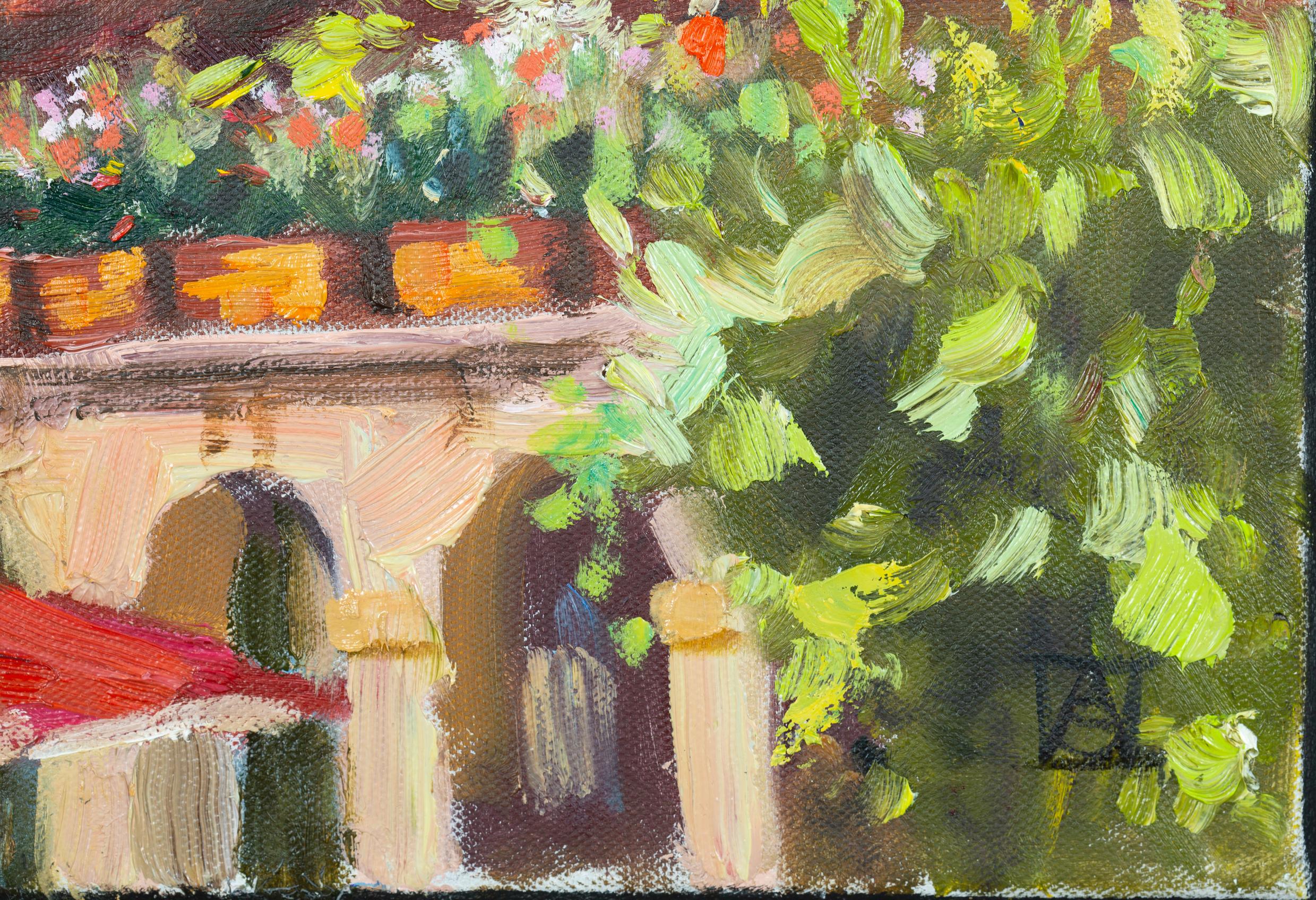 Cozy Cafe. France, old town, flowers - Brown Landscape Painting by Anna Shesterikova