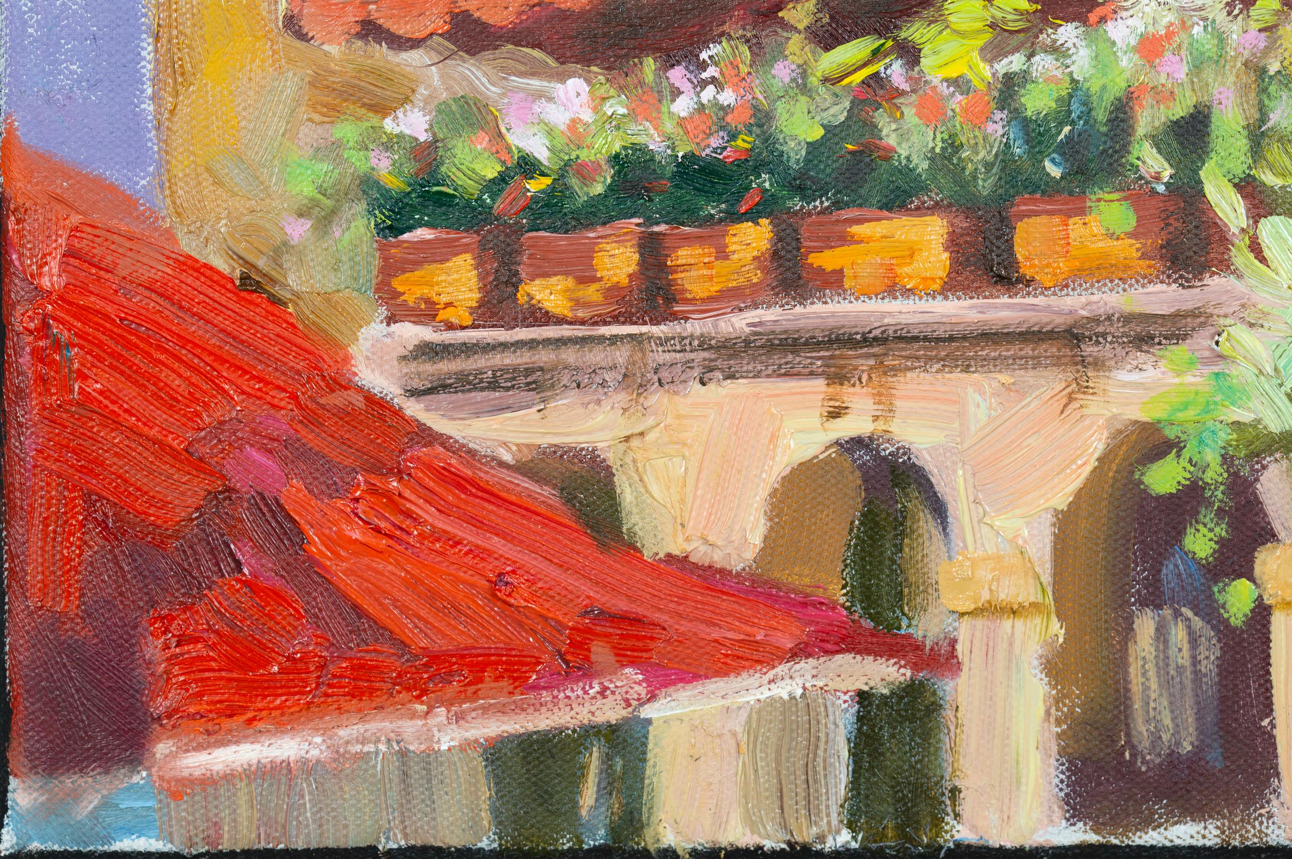 The small-format painting “Cozy Café” was created outdoors in the French town of Fayence in the summer of 2023. 

