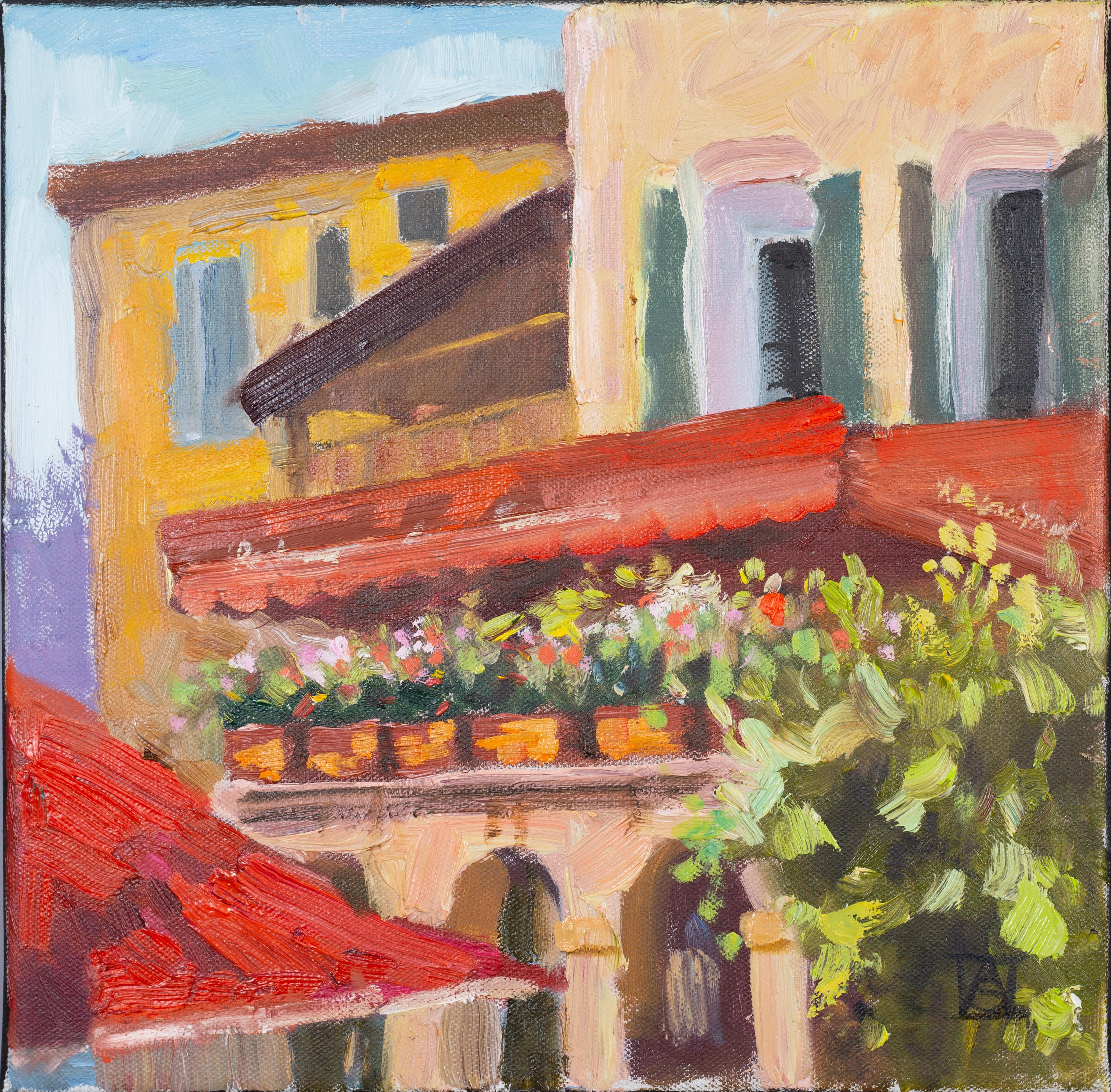 Anna Shesterikova Landscape Painting - Cozy Cafe. France, old town, flowers