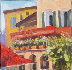 Caffè accogliente. Pittura a olio su tela, Impressionismo, 30x30 cm, quadrato piccolo, Francia