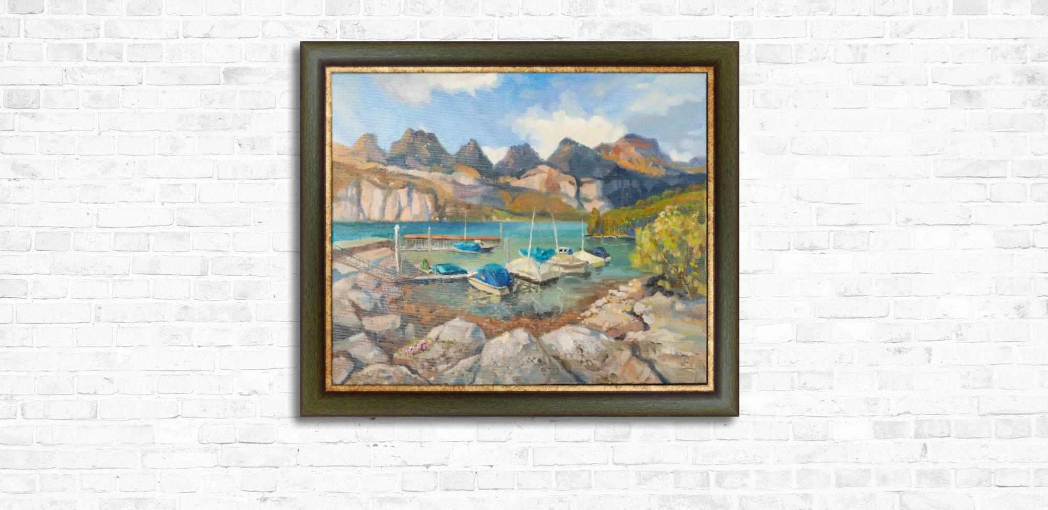 Accogliente porto sul lago Walensee. Svizzera, lago, yacht, orizzontale - Painting Postimpressionismo di Anna Shesterikova