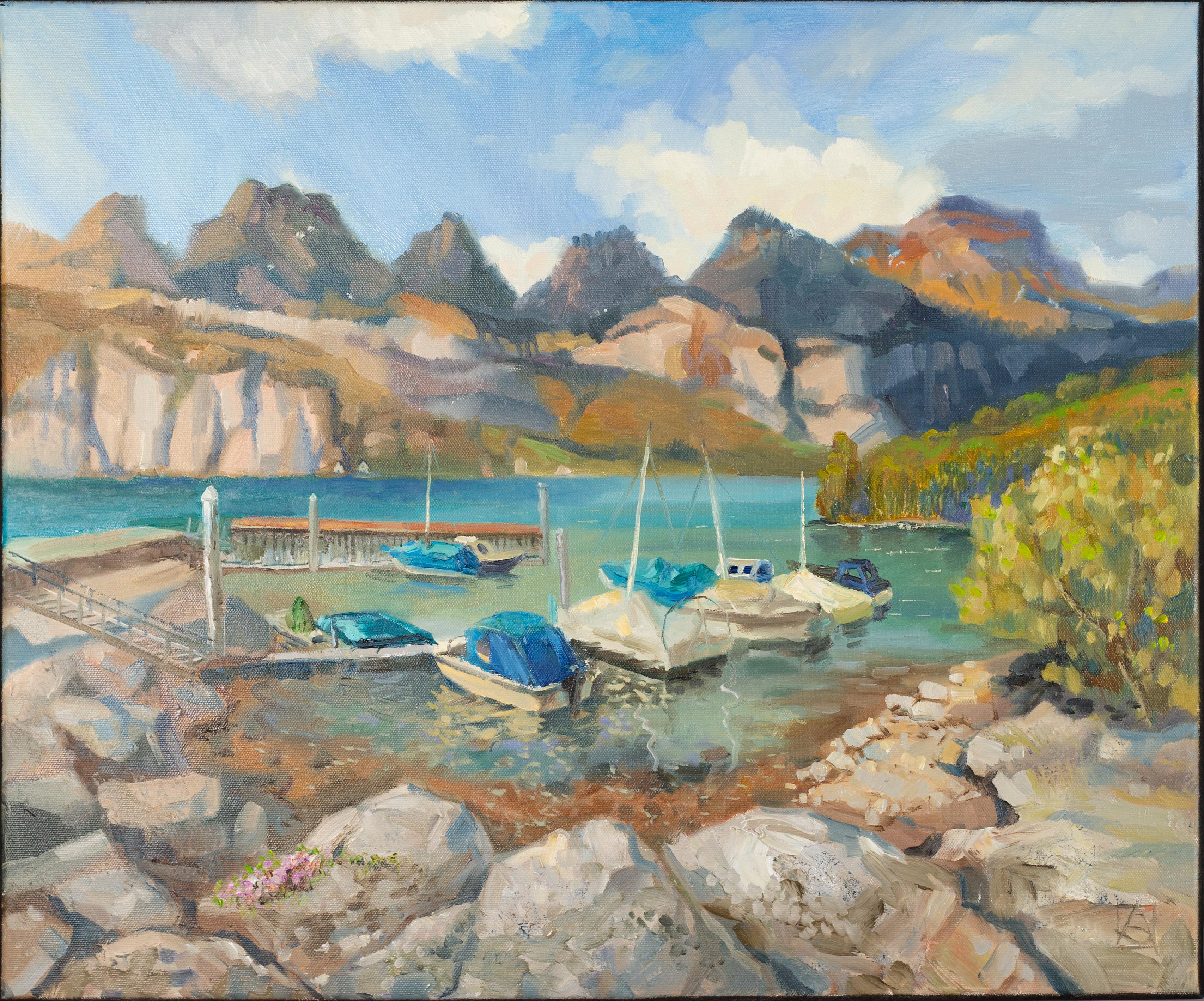 Anna Shesterikova Landscape Painting - Cozy Harbor on Lake Walensee. Switzerland, lake, yachts, impressionism