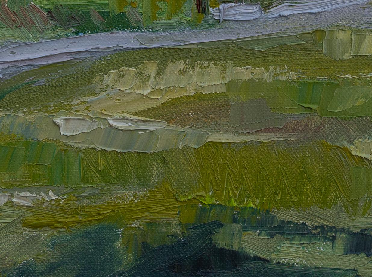 Cozy Pier. Landscape, oil impressionism, horizontal, boats, yachts, lake For Sale 5