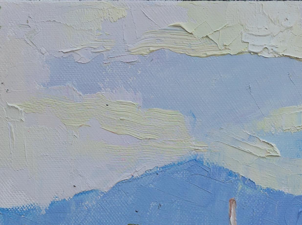 Cozy Pier. Landscape, oil impressionism, horizontal, boats, yachts, lake For Sale 9