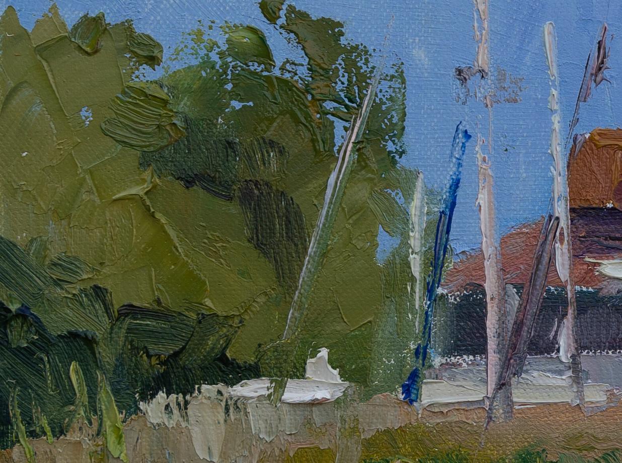 Cozy Pier. Landscape, oil impressionism, horizontal, boats, yachts, lake For Sale 1