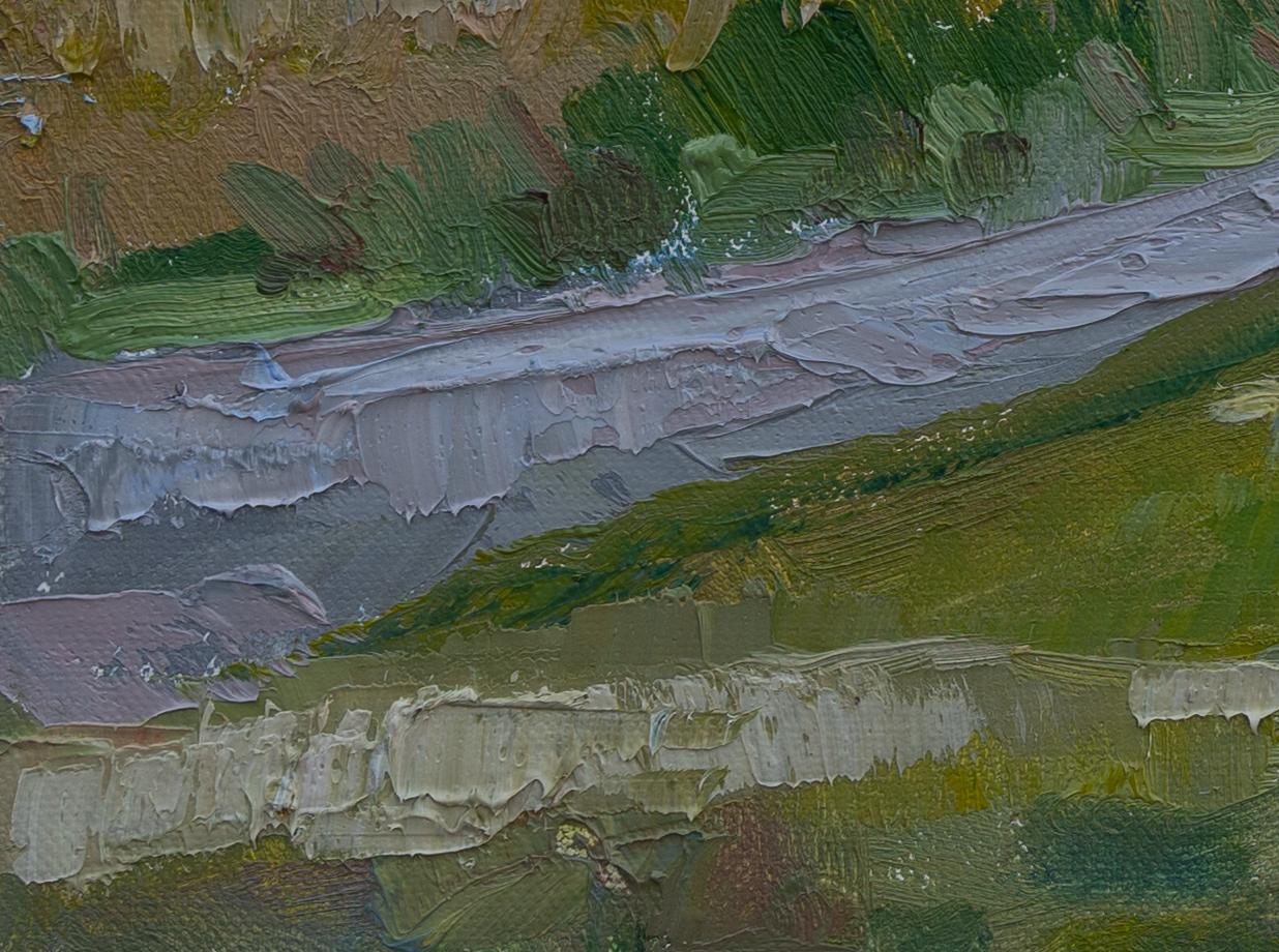 Cozy Pier. Landscape, oil impressionism, horizontal, boats, yachts, lake For Sale 2