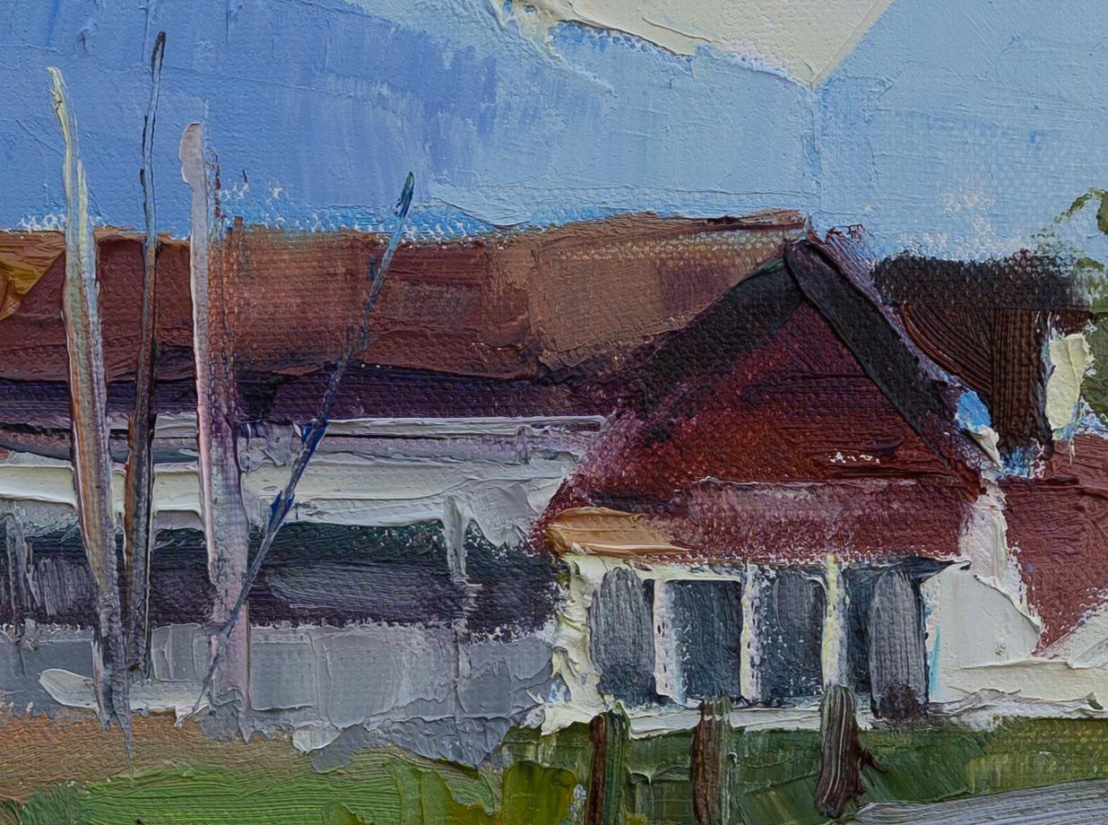 Cozy Pier. Landscape, oil impressionism, horizontal, boats, yachts, lake For Sale 4