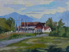 Cozy Pier. Landscape, oil impressionism, horizontal, boats, yachts, lake