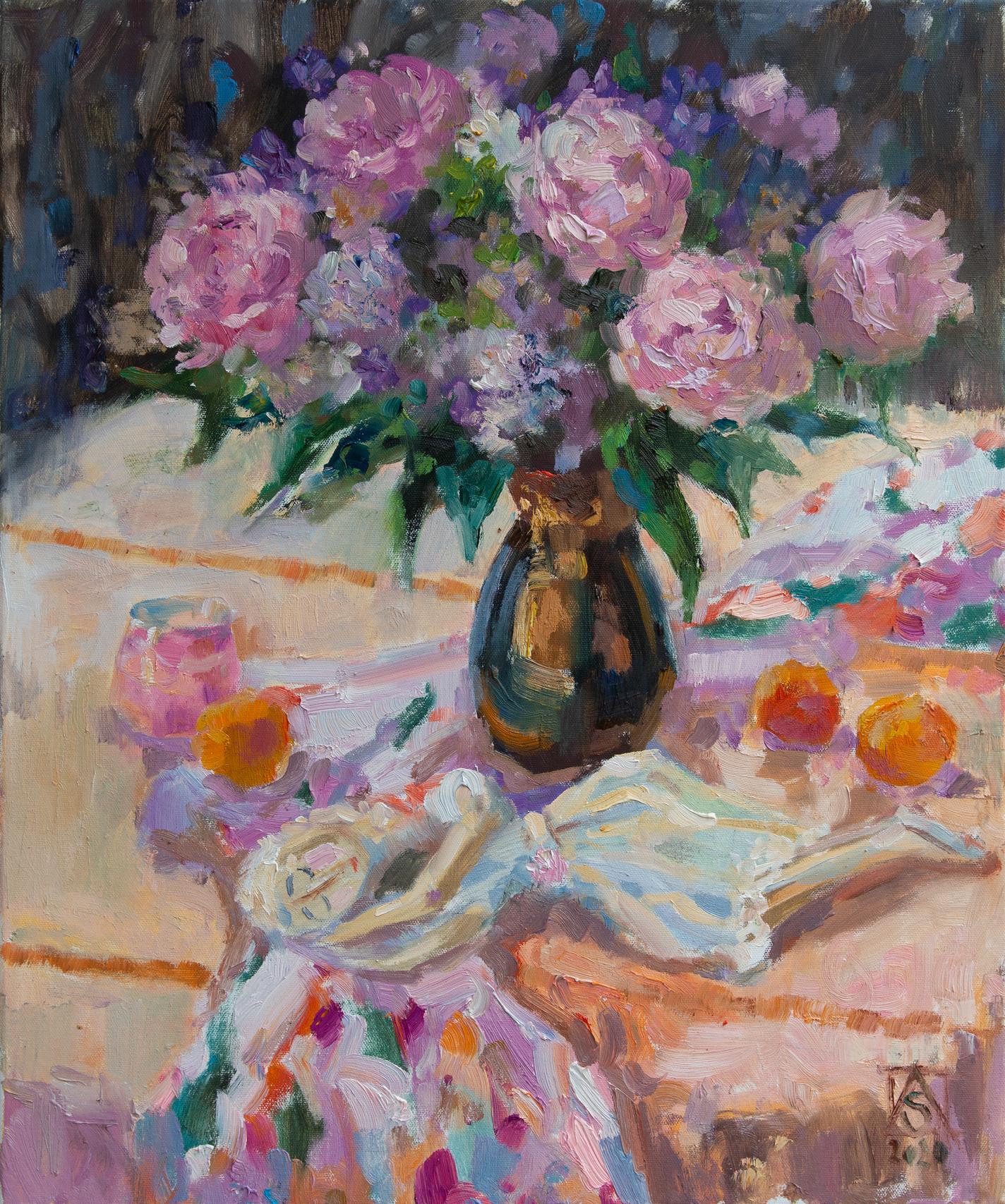 Anna Shesterikova Still-Life Painting - Doll. Vertical, oil, bright, flowers, fruits, summer, still life