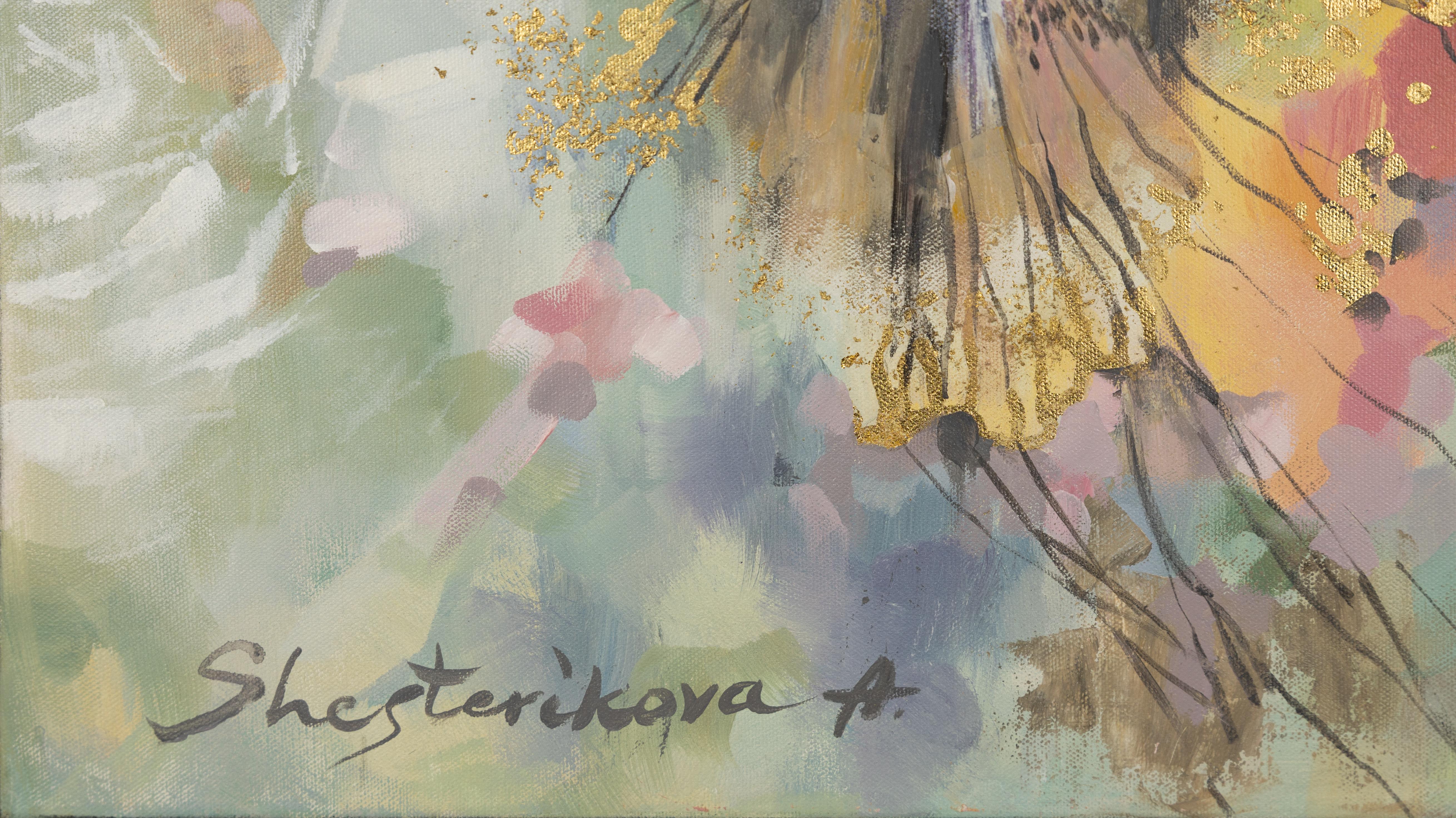 Libellula. Acrilico, impressionismo, figurativo, ritratto, fiori - Figurative Painting Grigio di Anna Shesterikova