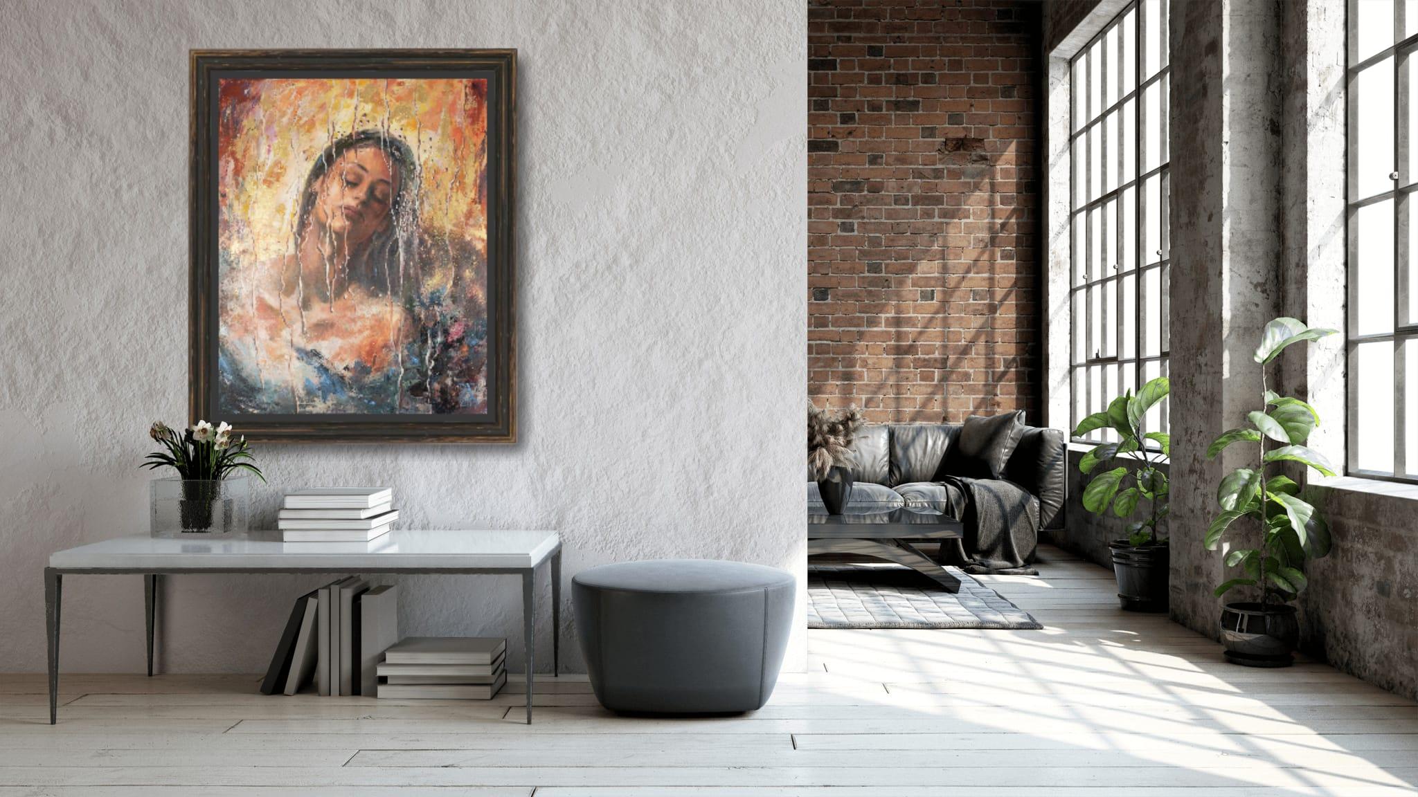 Acrylic portrait painting, girl, love, expressionism, large vertical format

