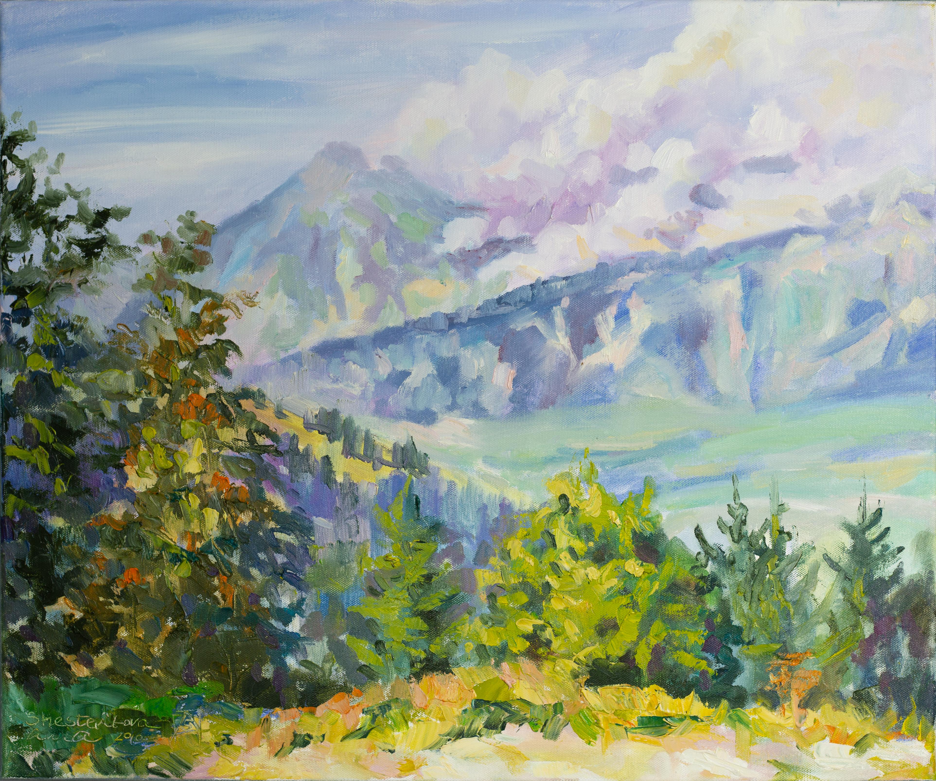 Landscape Painting de Anna Shesterikova - Principios del otoño en los Alpes. Impresionismo, horizontal, montañas, bosque, naturaleza