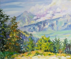 Early Autumn in the Alps. Impressionism, horizontal, mountains, forest, nature