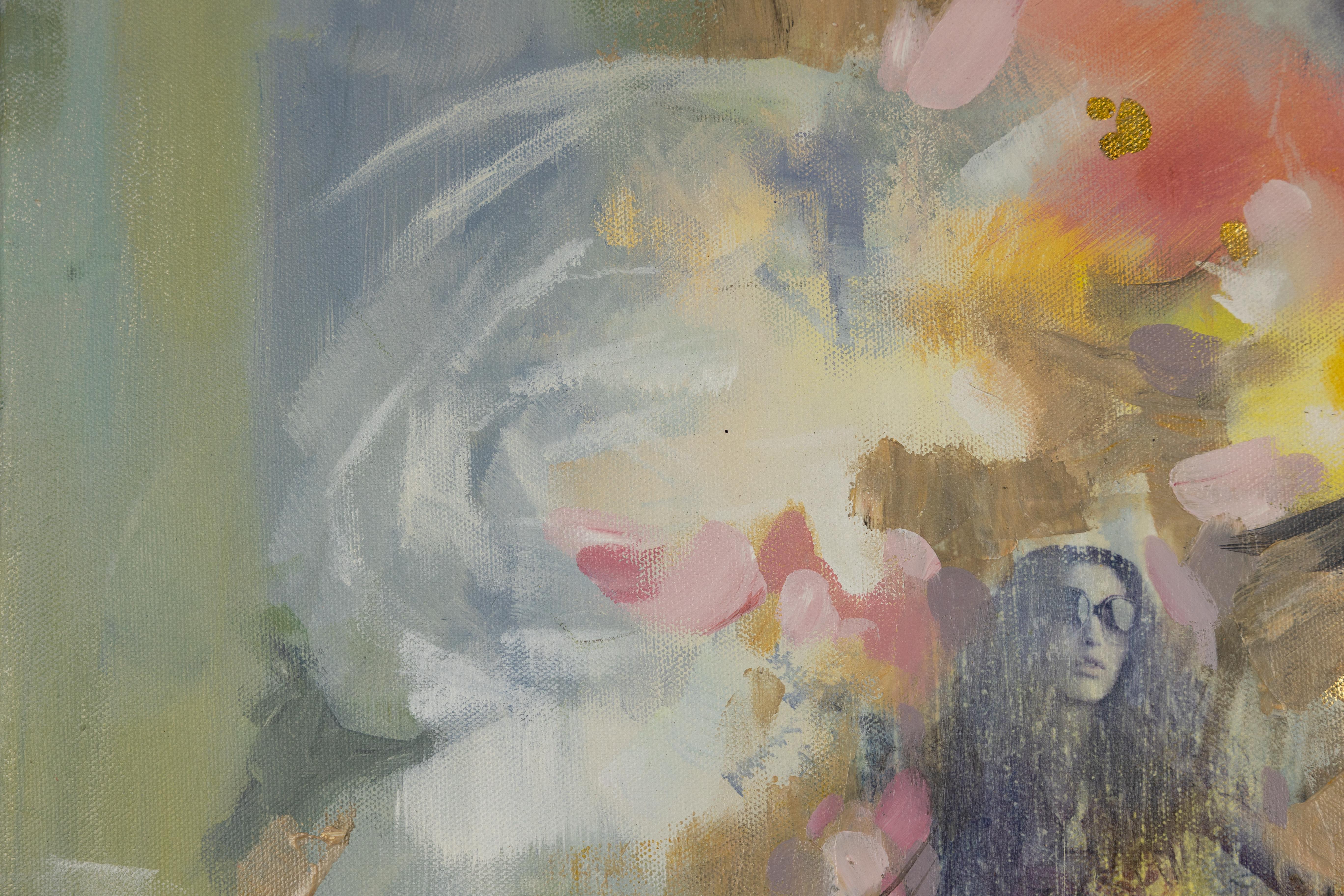 Figurative painting, girl with flowers, light, semi-abstract, square

In 