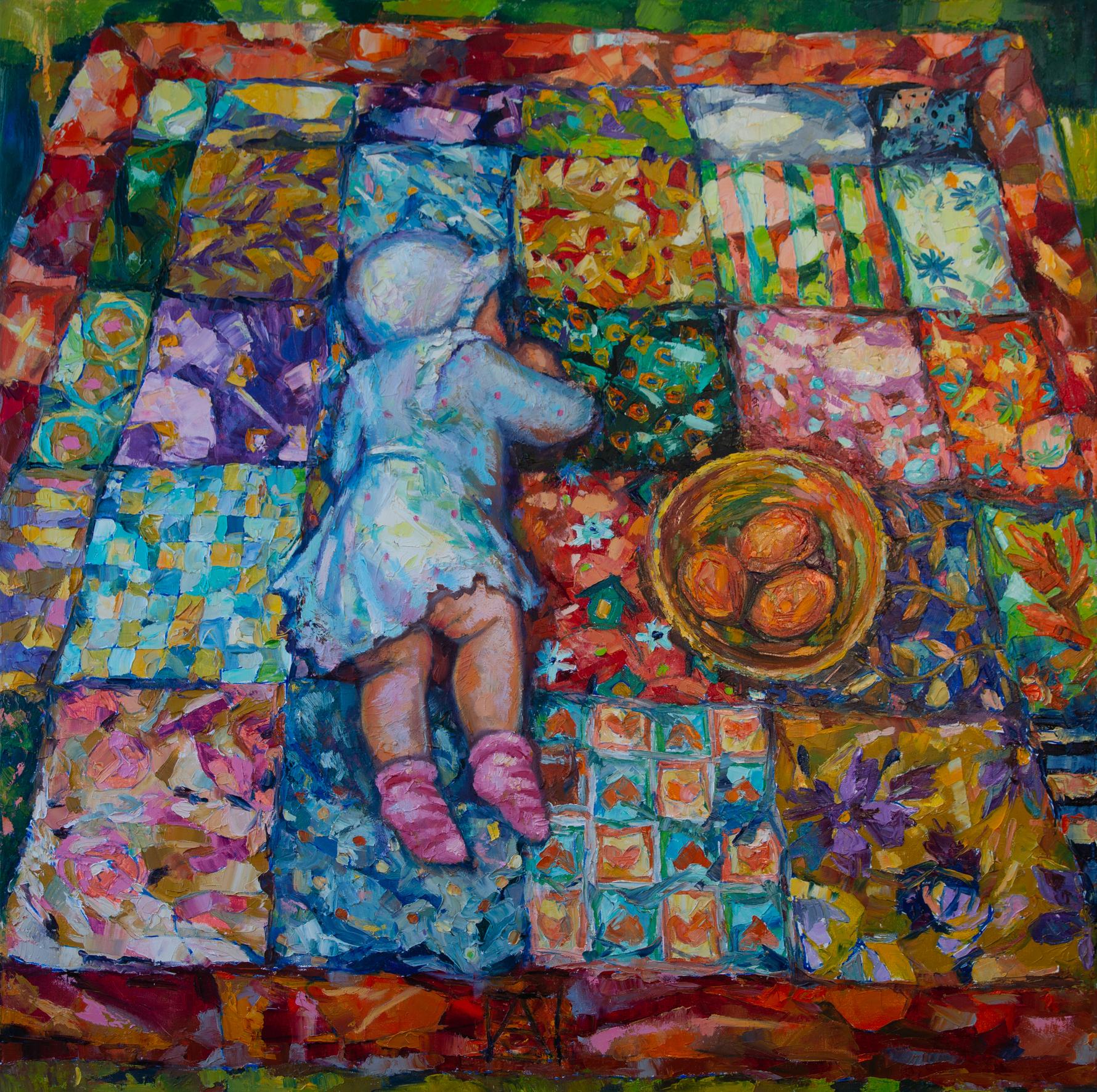 Figurative Painting di Anna Shesterikova - Mattina di Pasqua. Ritratto, bambino, figurativo, colore brillante, olio, pittura
