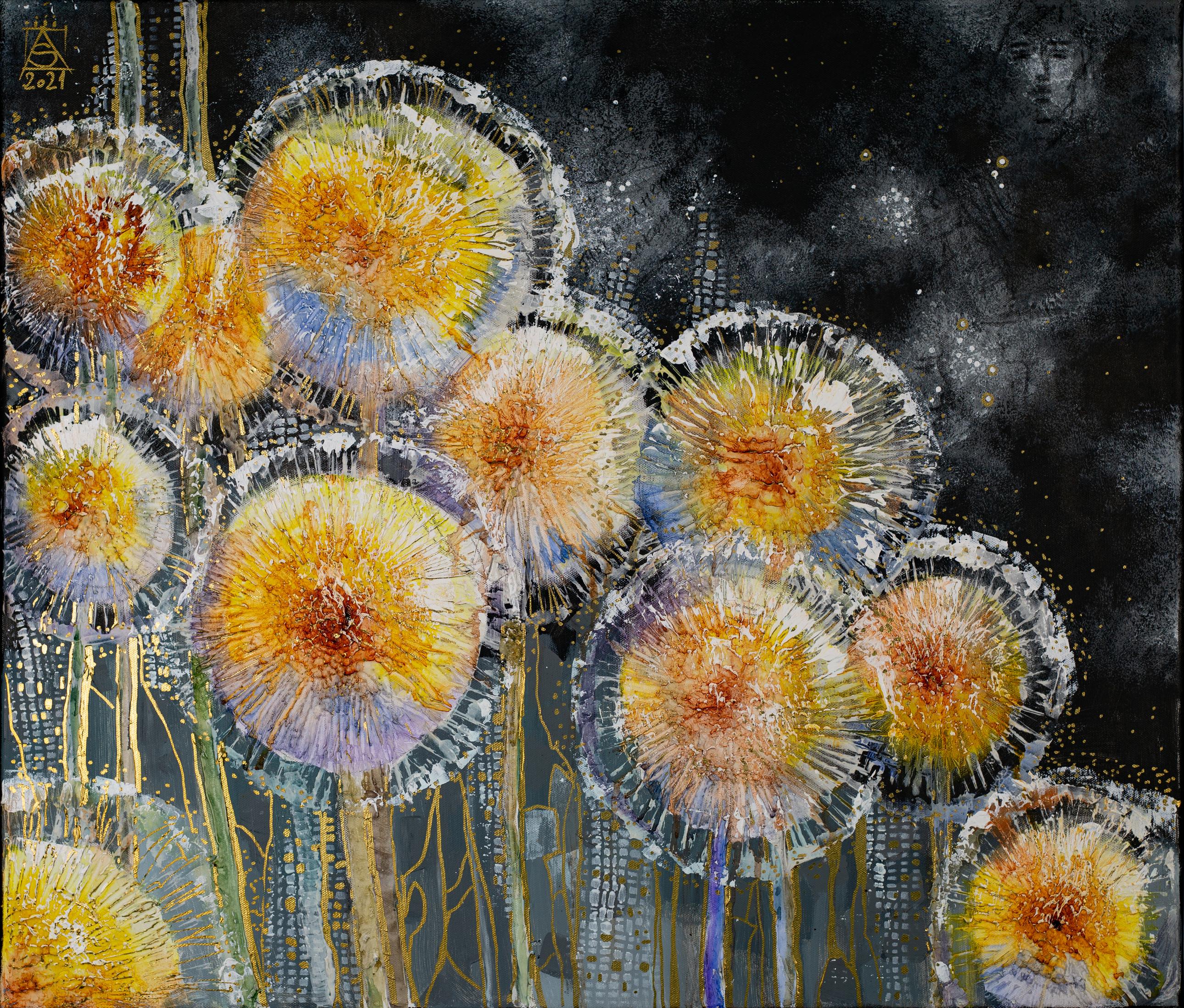 Evening. Floral, semi-abstract, black, horizontal, acrylic