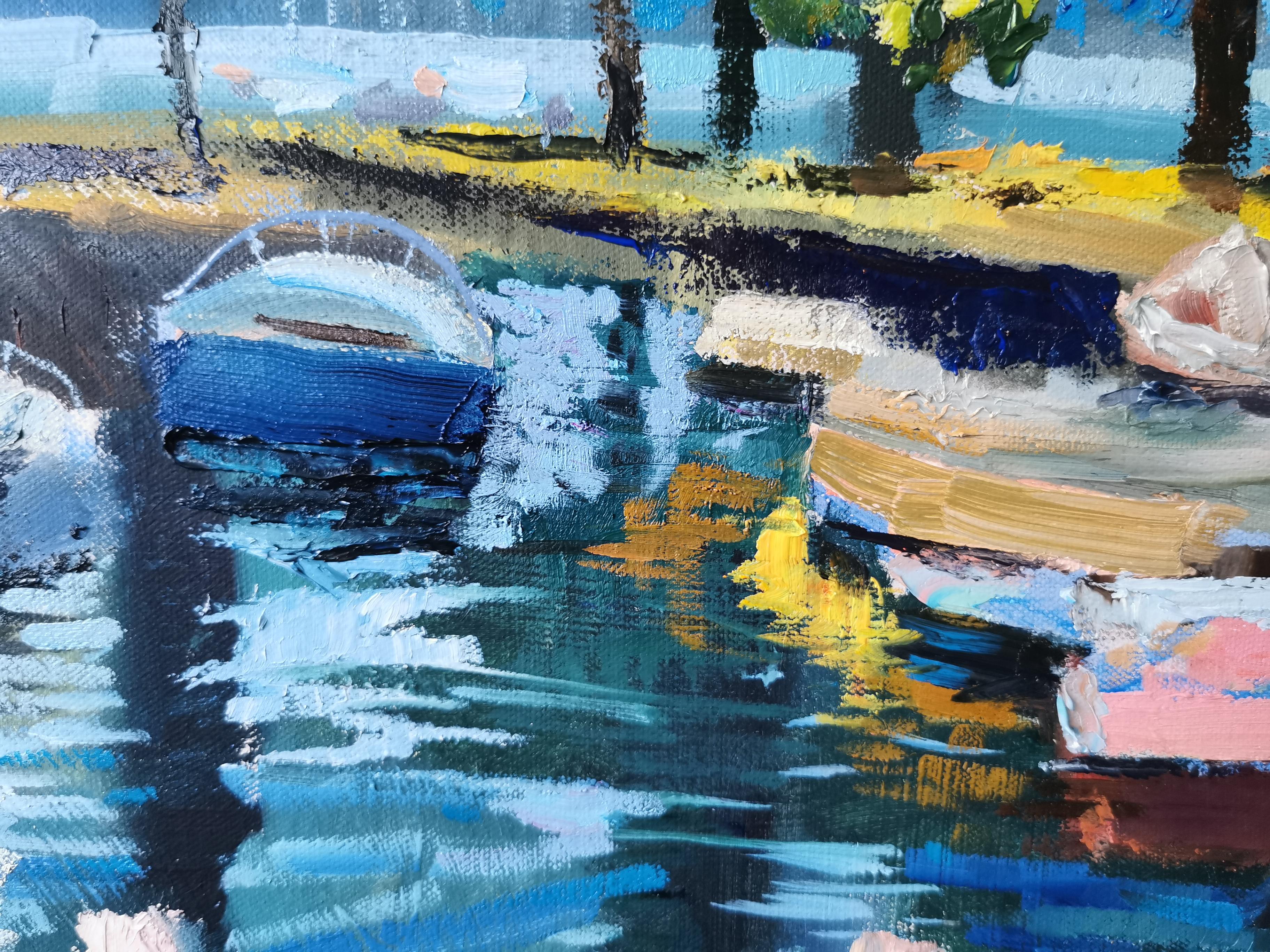 Evening in Porto. Lake Garda. Landscape, evening, horizontal, impressionism, oil - Black Landscape Painting by Anna Shesterikova