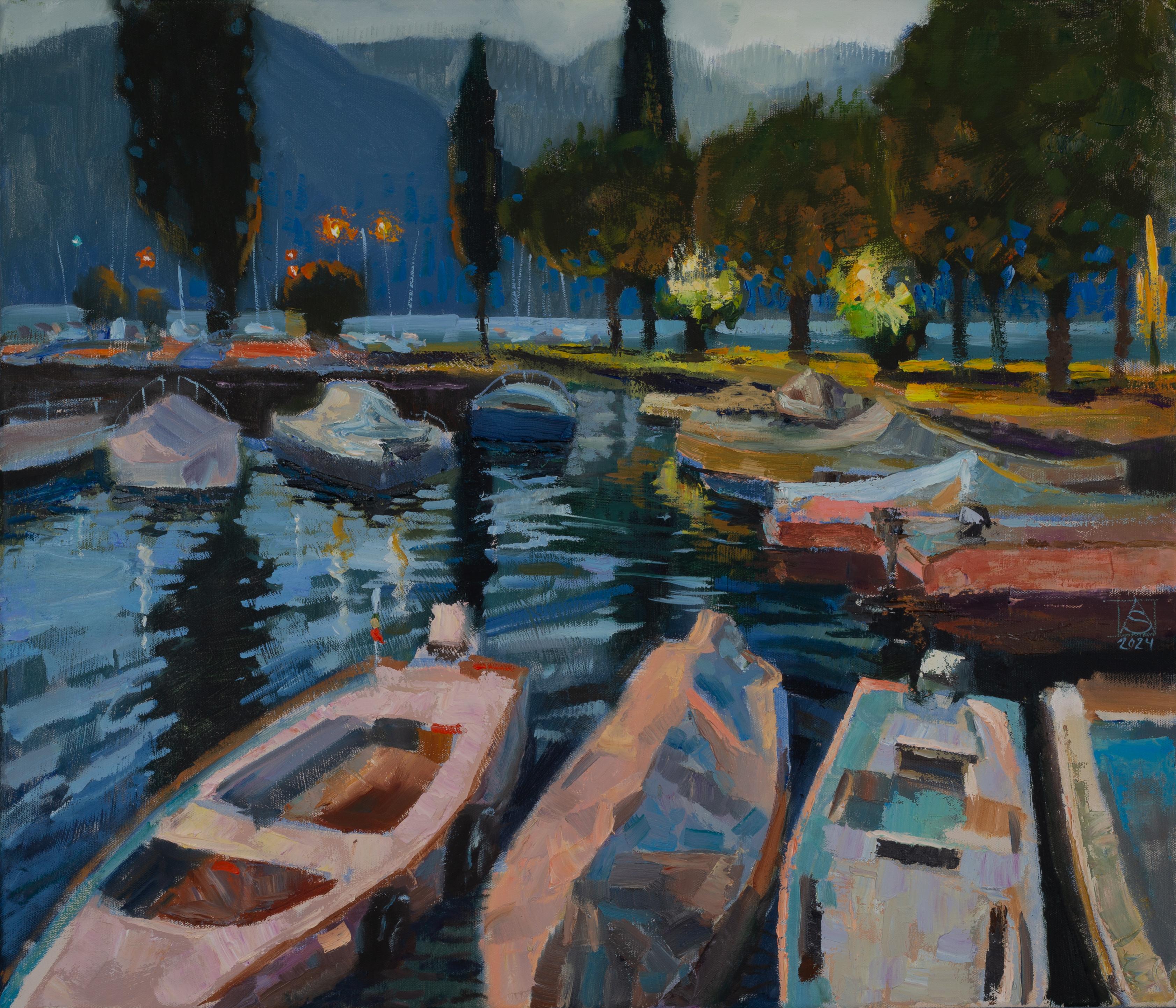 Anna Shesterikova Landscape Painting - Evening in Porto. Lake Garda. Landscape, evening, horizontal, impressionism, oil