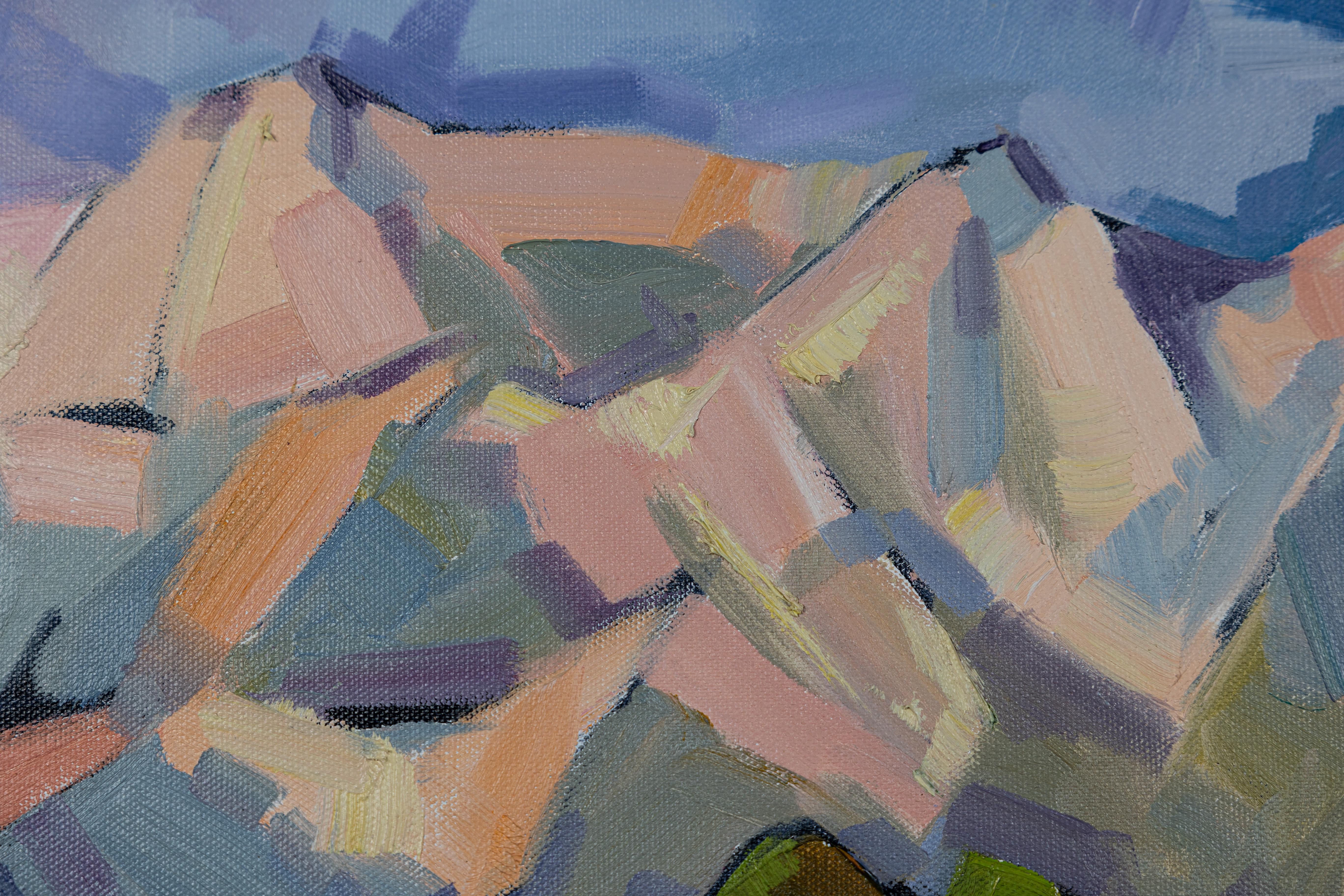 Abend. Landschaft in Öl, horizontal. Berge, Häuser, Schweiz. im Angebot 5
