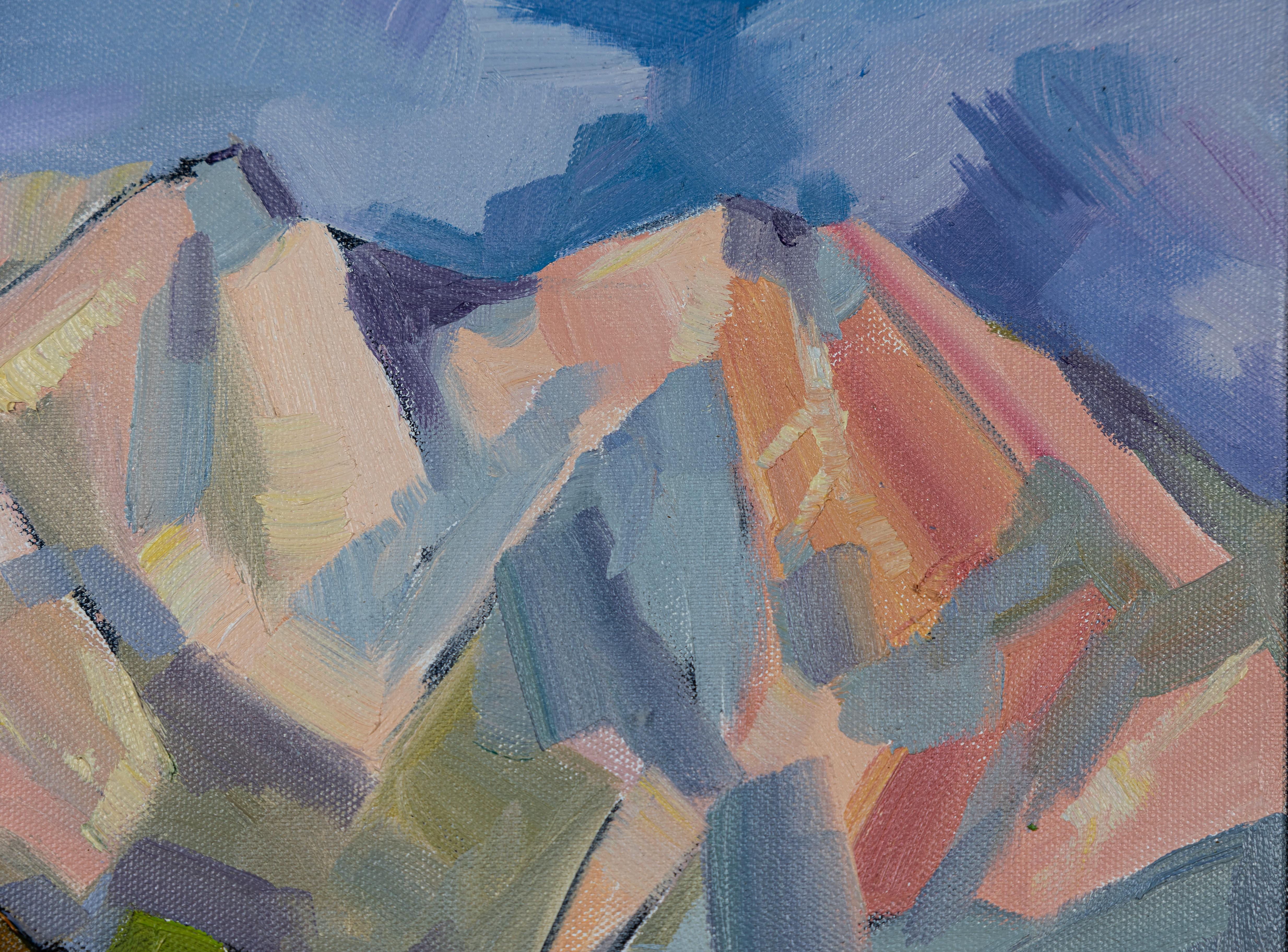 Abend. Landschaft in Öl, horizontal. Berge, Häuser, Schweiz. im Angebot 6