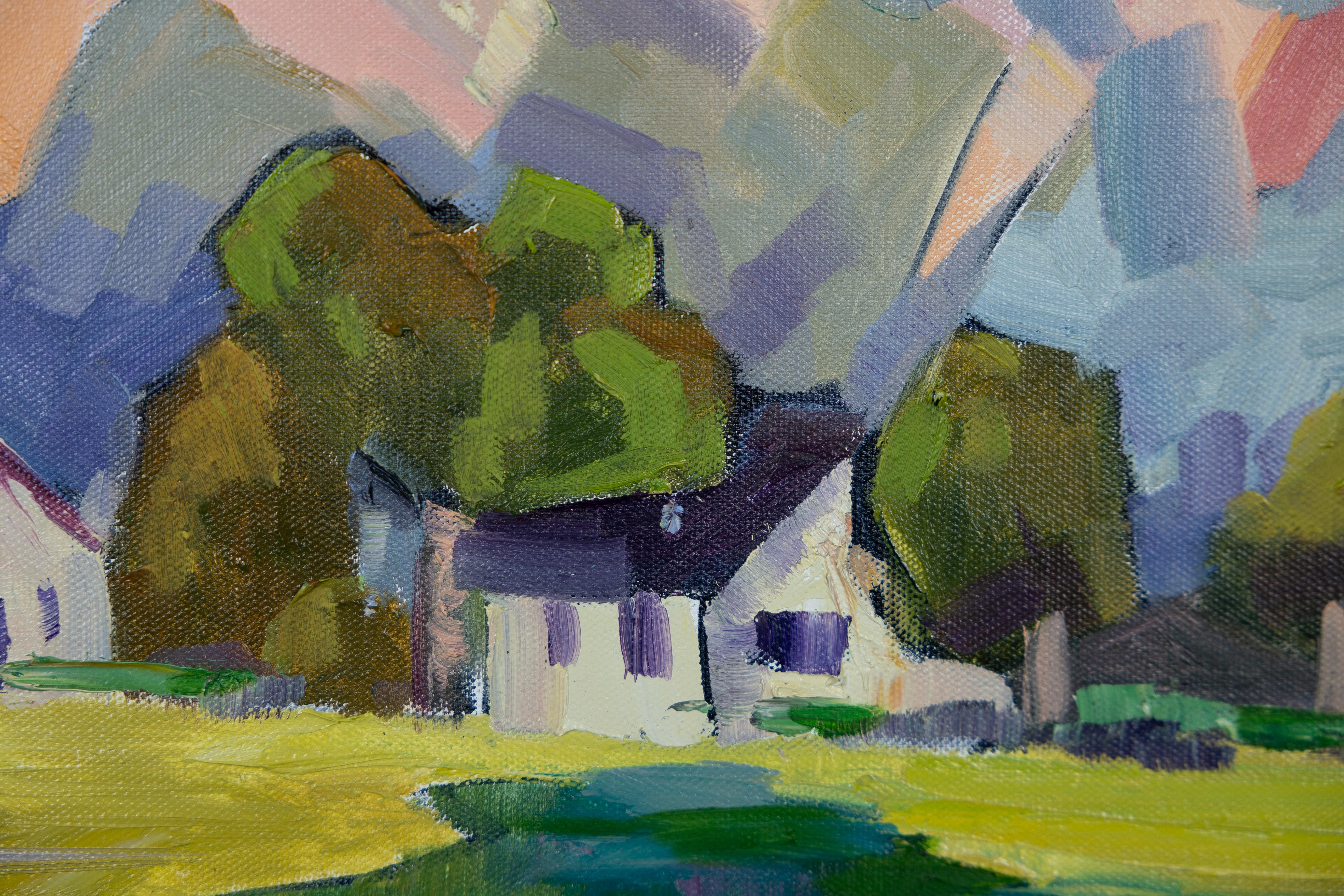 Abend. Landschaft in Öl, horizontal. Berge, Häuser, Schweiz. im Angebot 1