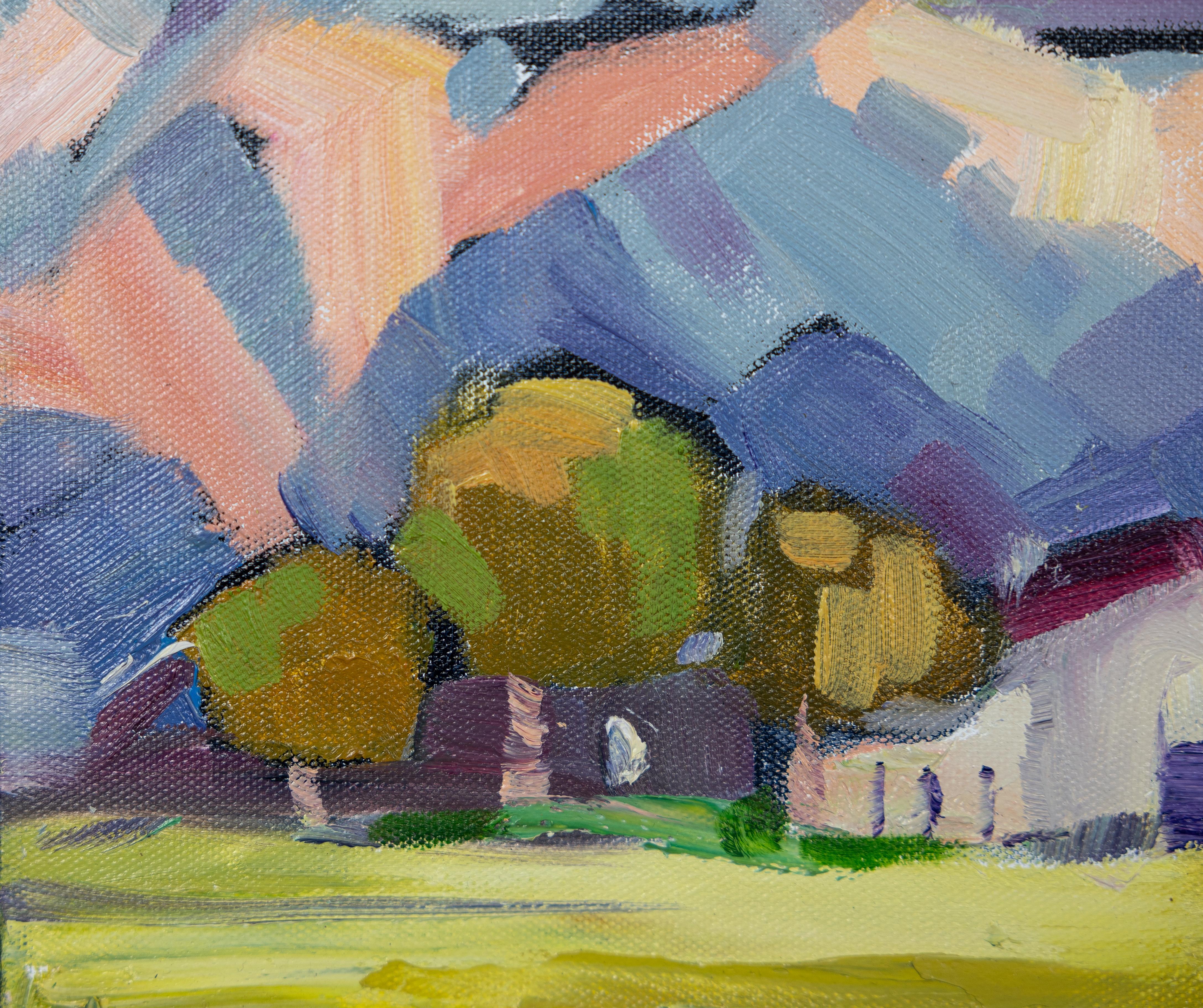 Abend. Landschaft in Öl, horizontal. Berge, Häuser, Schweiz. im Angebot 3