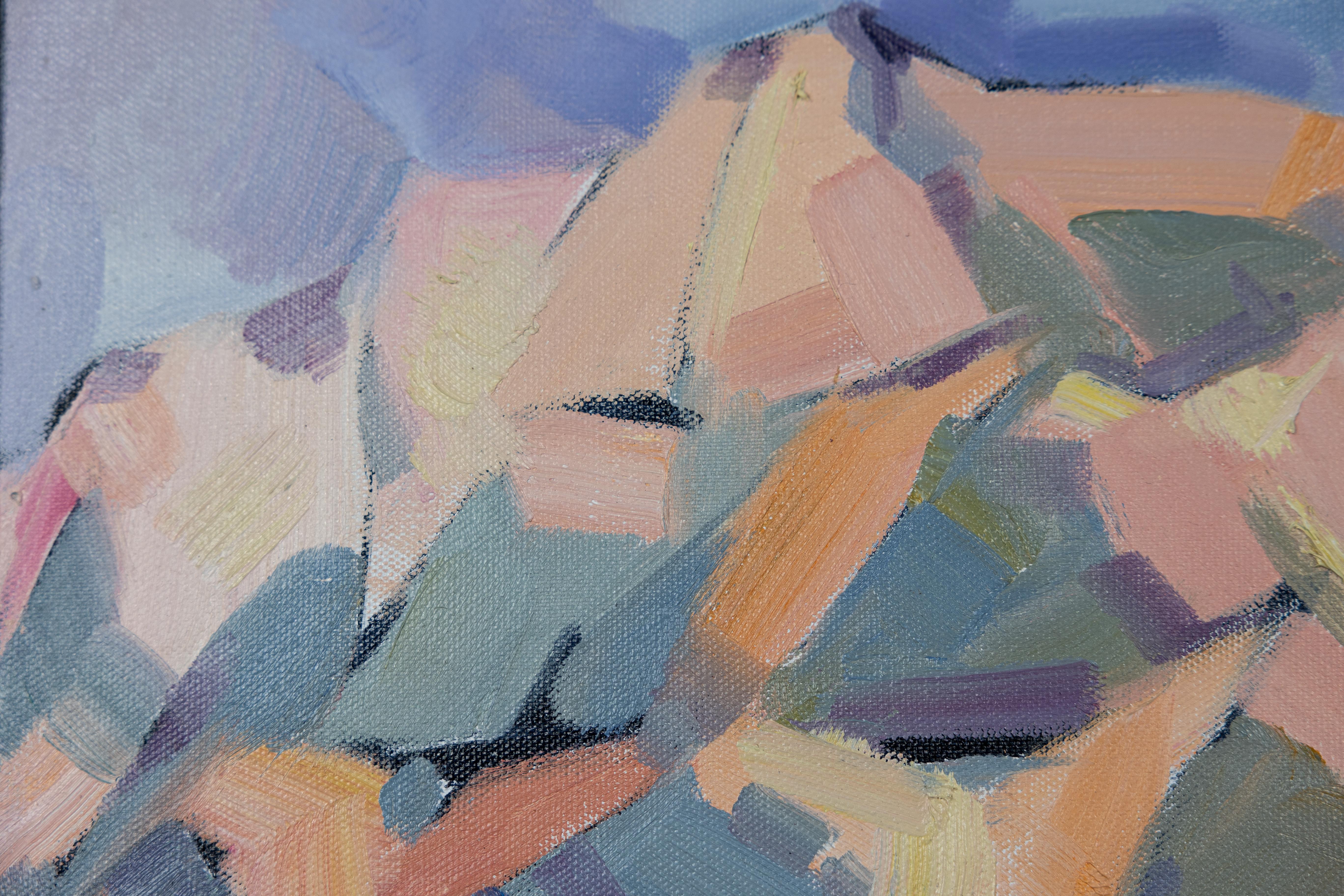 Abend. Landschaft in Öl, horizontal. Berge, Häuser, Schweiz. im Angebot 4