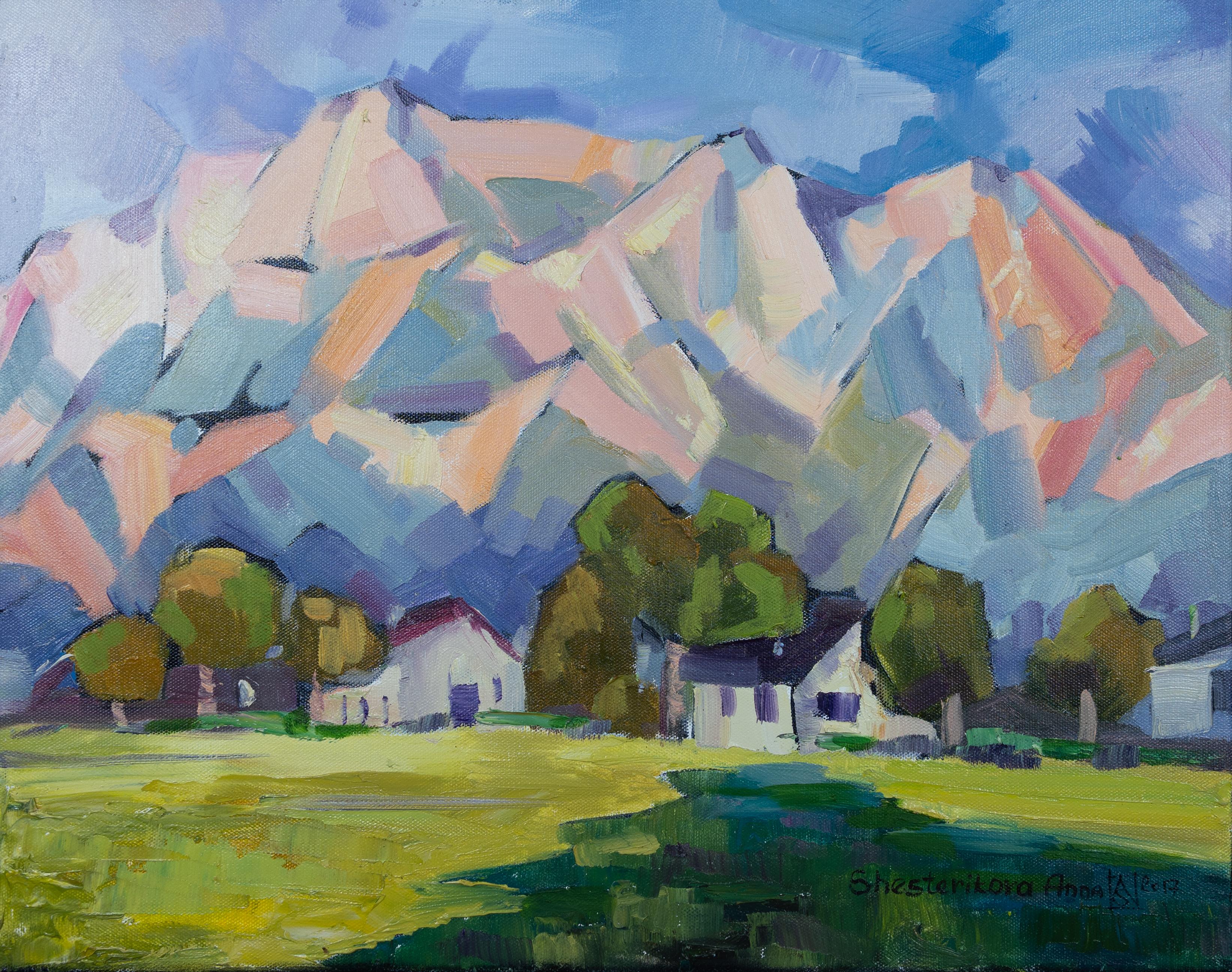 Abend. Landschaft in Öl, horizontal. Berge, Häuser, Schweiz.