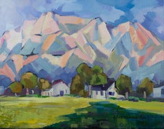 Evening. Landscape in oil, horizontal. Mountains, houses, Switzerland.