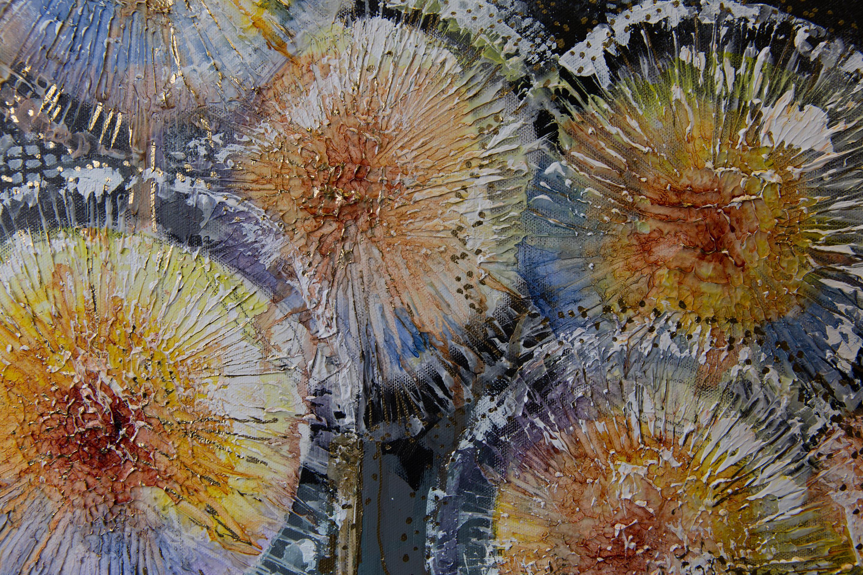 Abend. Semi-abstraktisch, horizontal, Blumen, schwarz, Acryl im Angebot 5