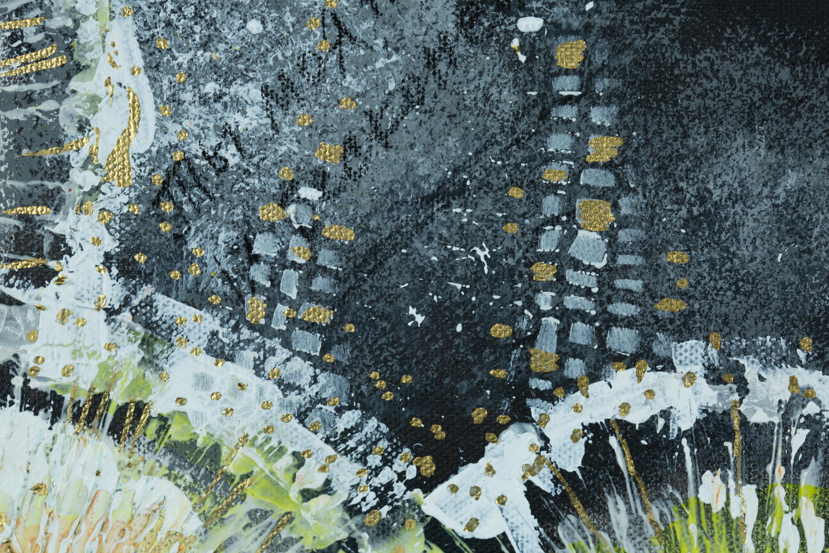 Abend. Semi-abstraktisch, horizontal, Blumen, schwarz, Acryl im Angebot 13