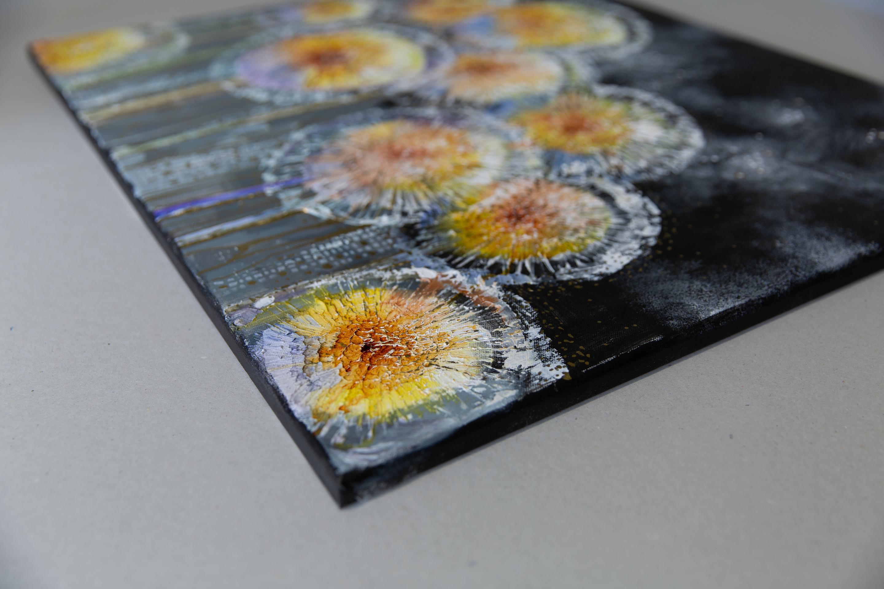 Abend. Semi-abstraktisch, horizontal, Blumen, schwarz, Acryl – Painting von Anna Shesterikova