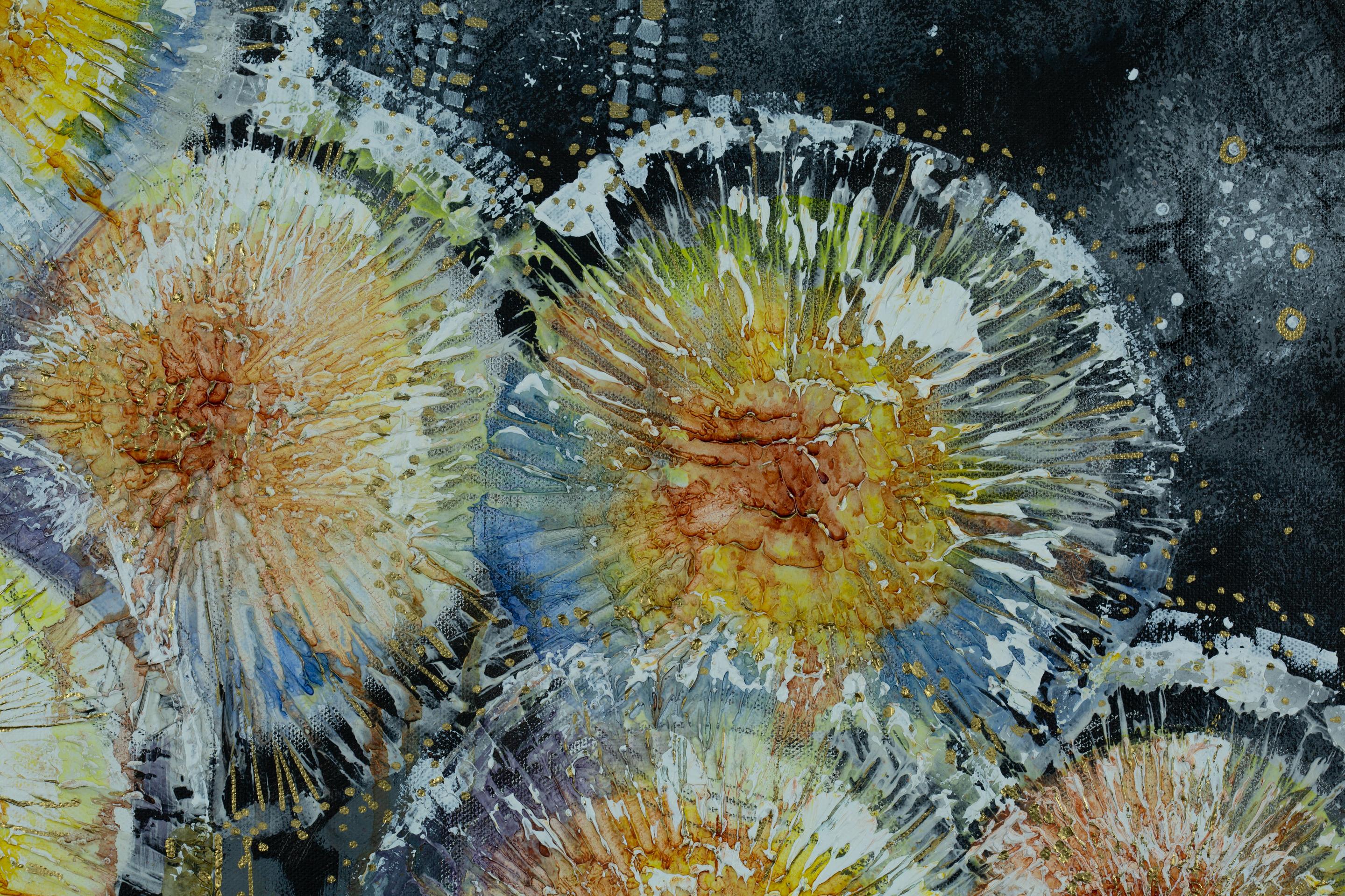 Abend. Semi-abstraktisch, horizontal, Blumen, schwarz, Acryl im Angebot 15
